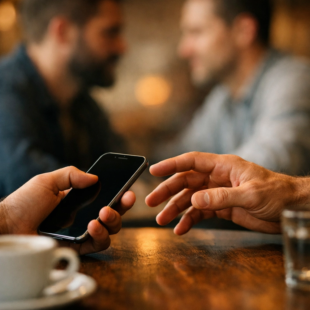 Two men's hands reaching across table with smartphone bridging digital and real-life romance