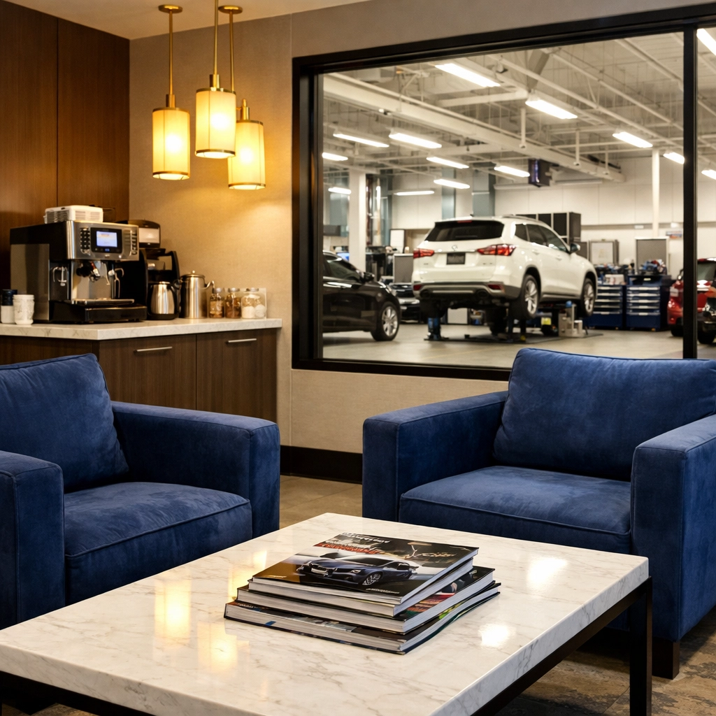 Pristine customer waiting lounge in a dealership with dust-free furniture and a tidy coffee station.