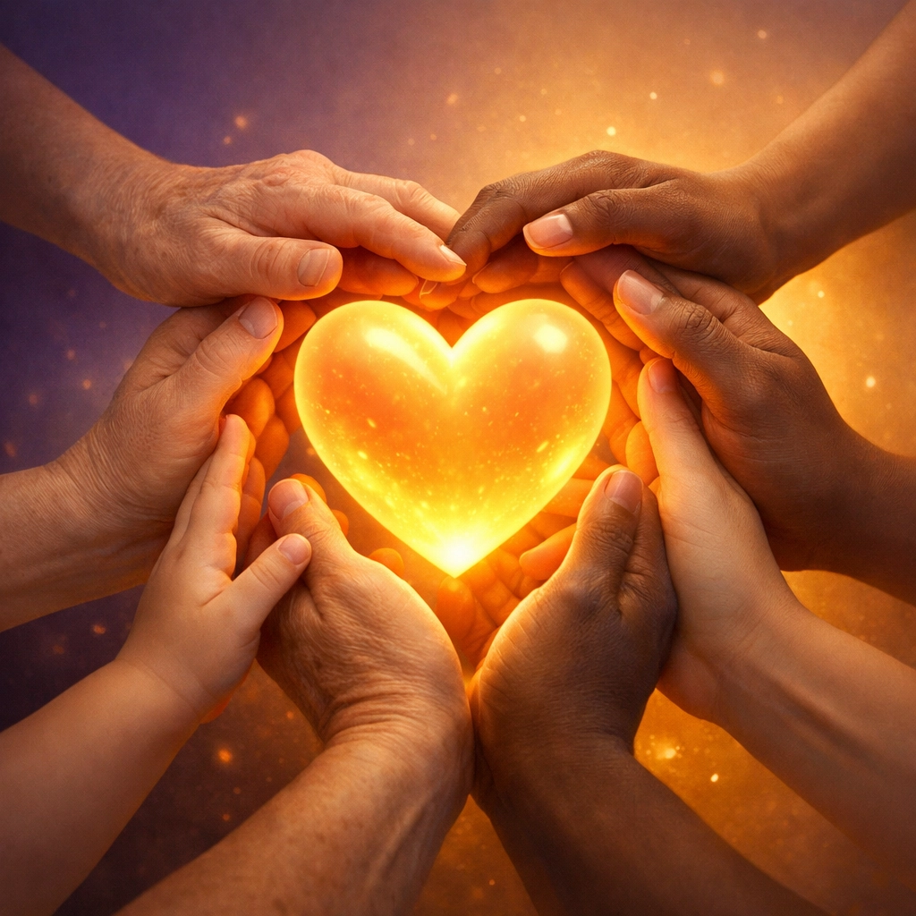 Multiple hands reaching together to support a heart symbolizing community care and healing