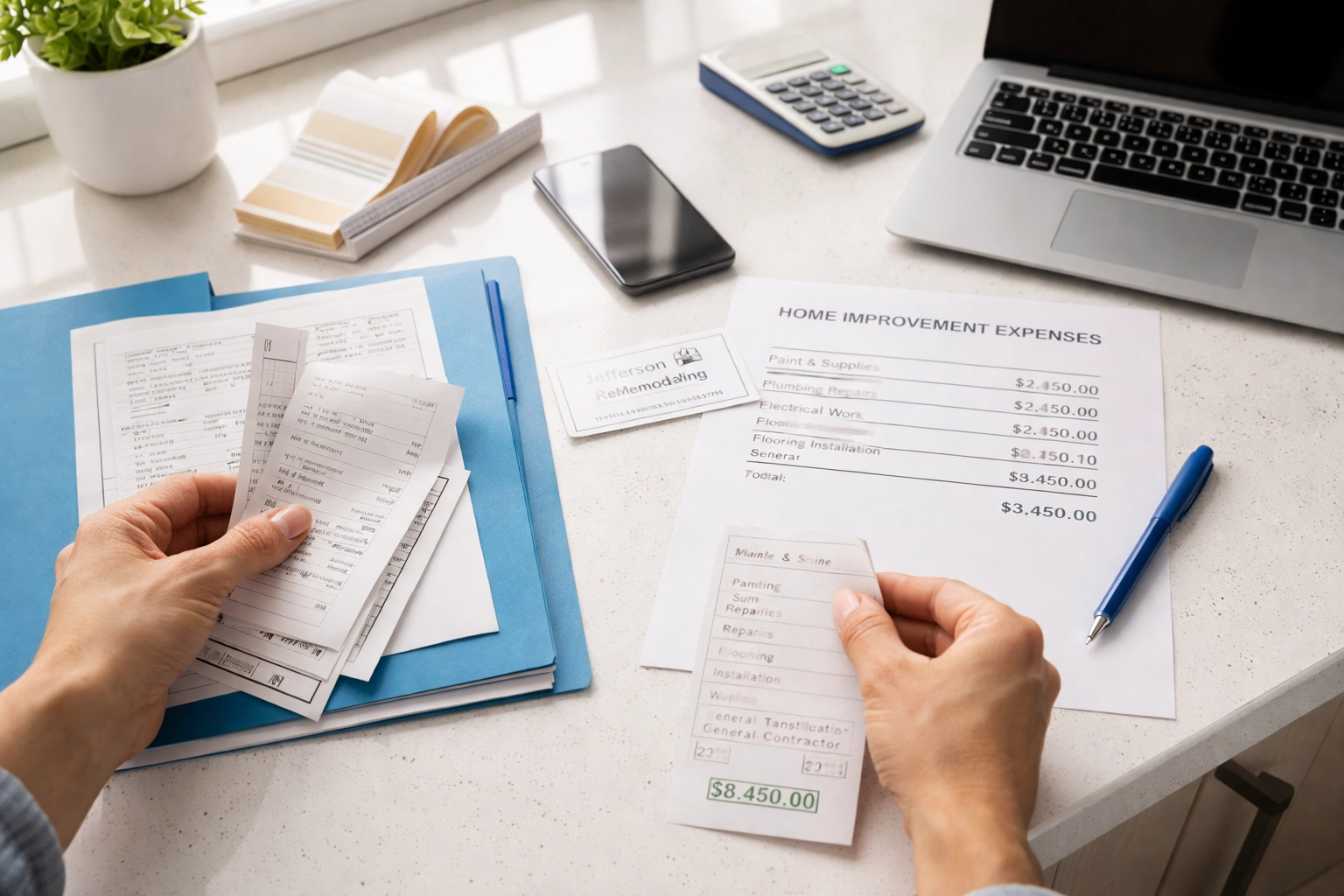 Homeowner organizing home improvement receipts and documents before a real estate appraisal for higher home value.
