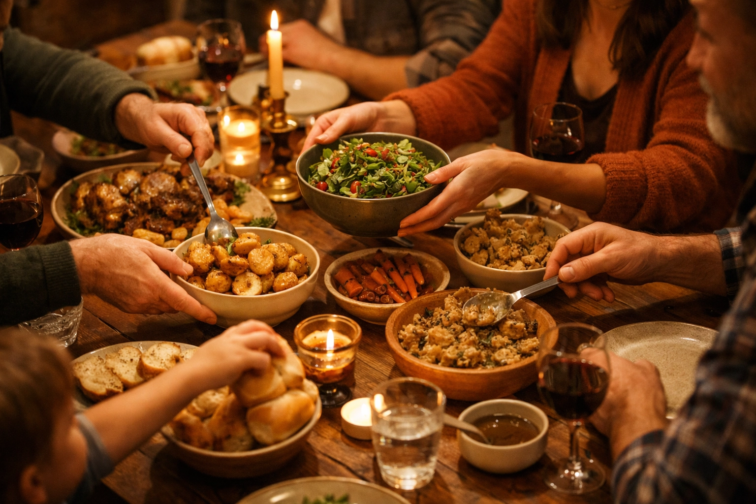 Family sharing meal together at dinner table without phones