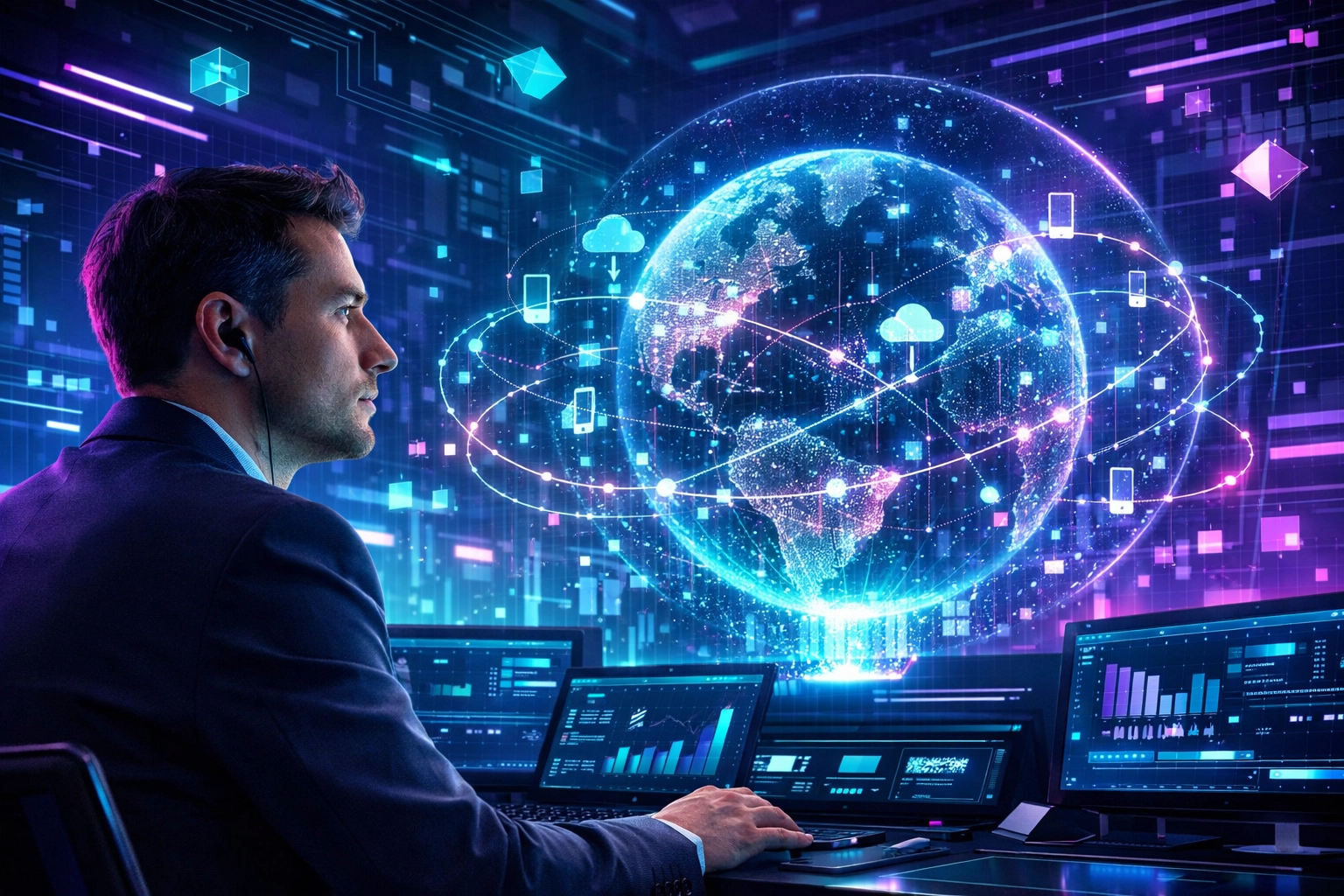 Professional media buyer viewing global data visualizations in a futuristic cloud-powered tech studio.