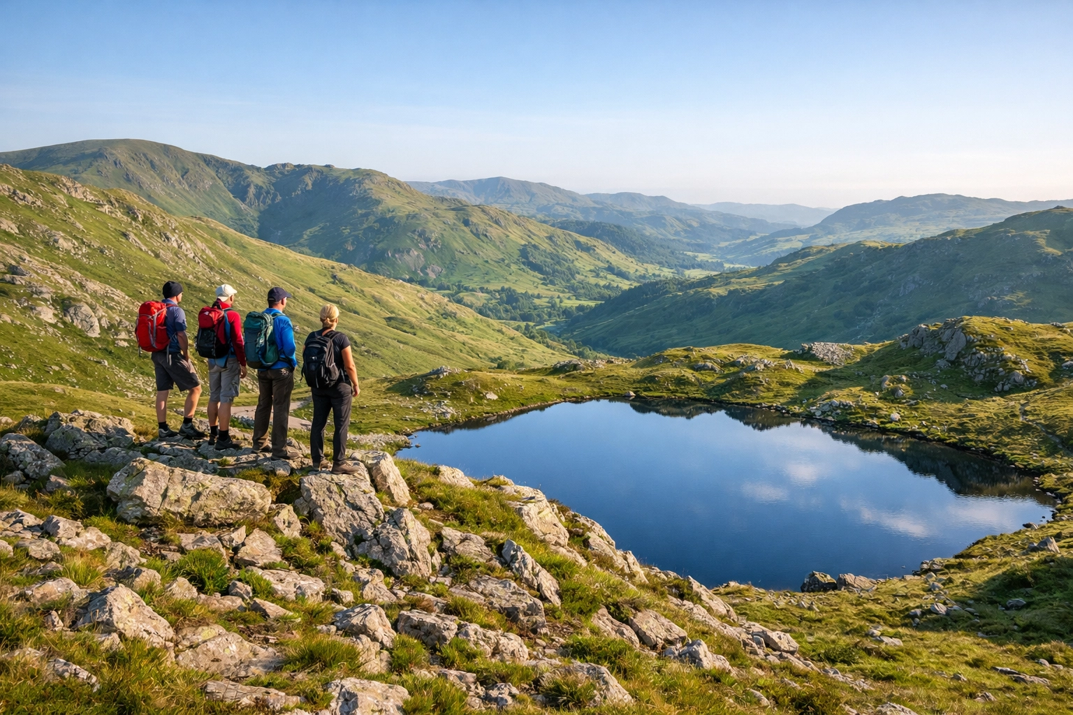 Hikers enjoy a guided walk in the Lake District overlooking green fells and a blue mountain tarn.