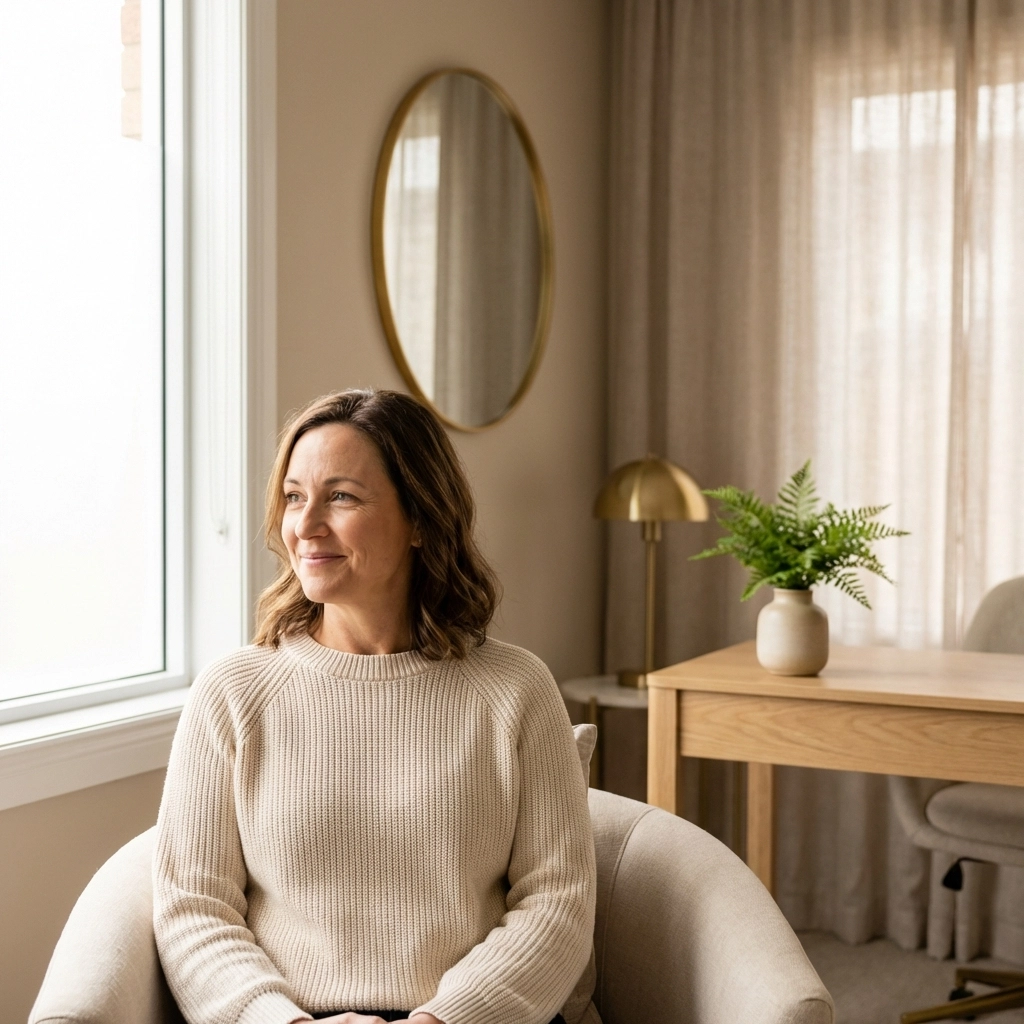 Confident middle-aged woman reflecting on her health journey in a modern wellness clinic, highlighting hormone balance.