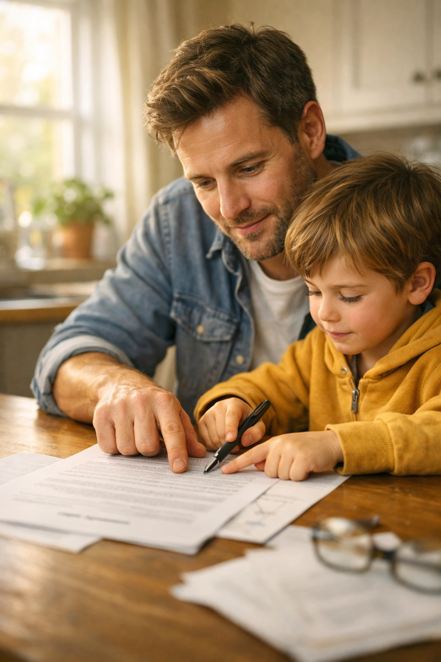 Unmarried father and child reviewing parental responsibility documents at kitchen table