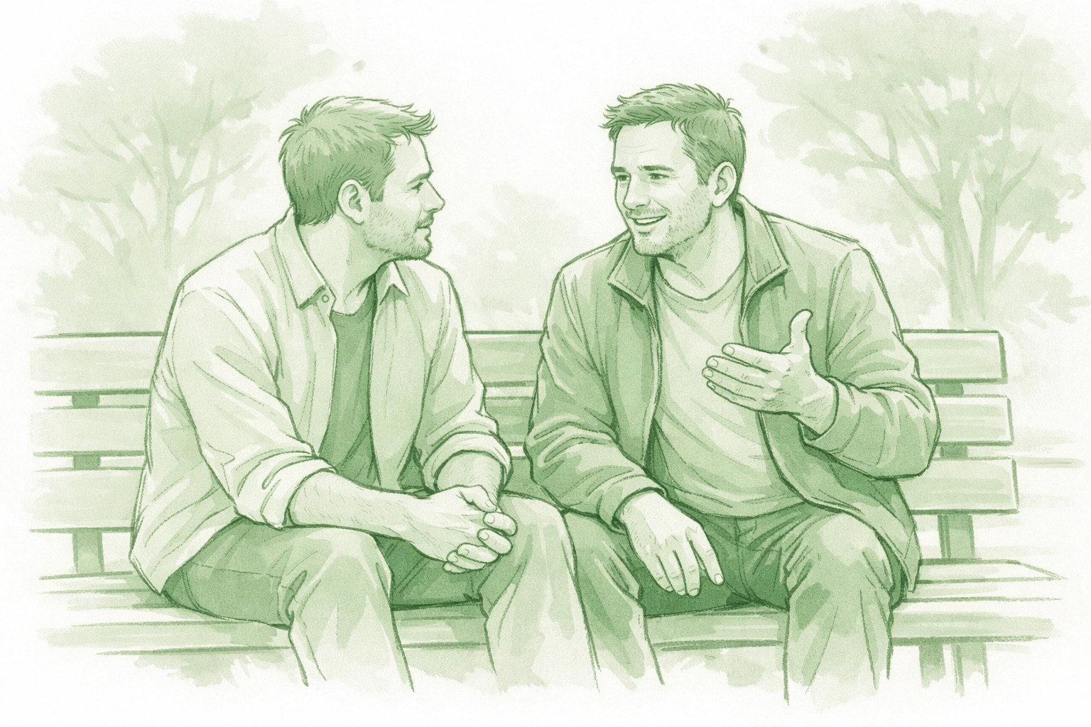 Gay couple on park bench sharing stories demonstrating trust in bisexual MM romance