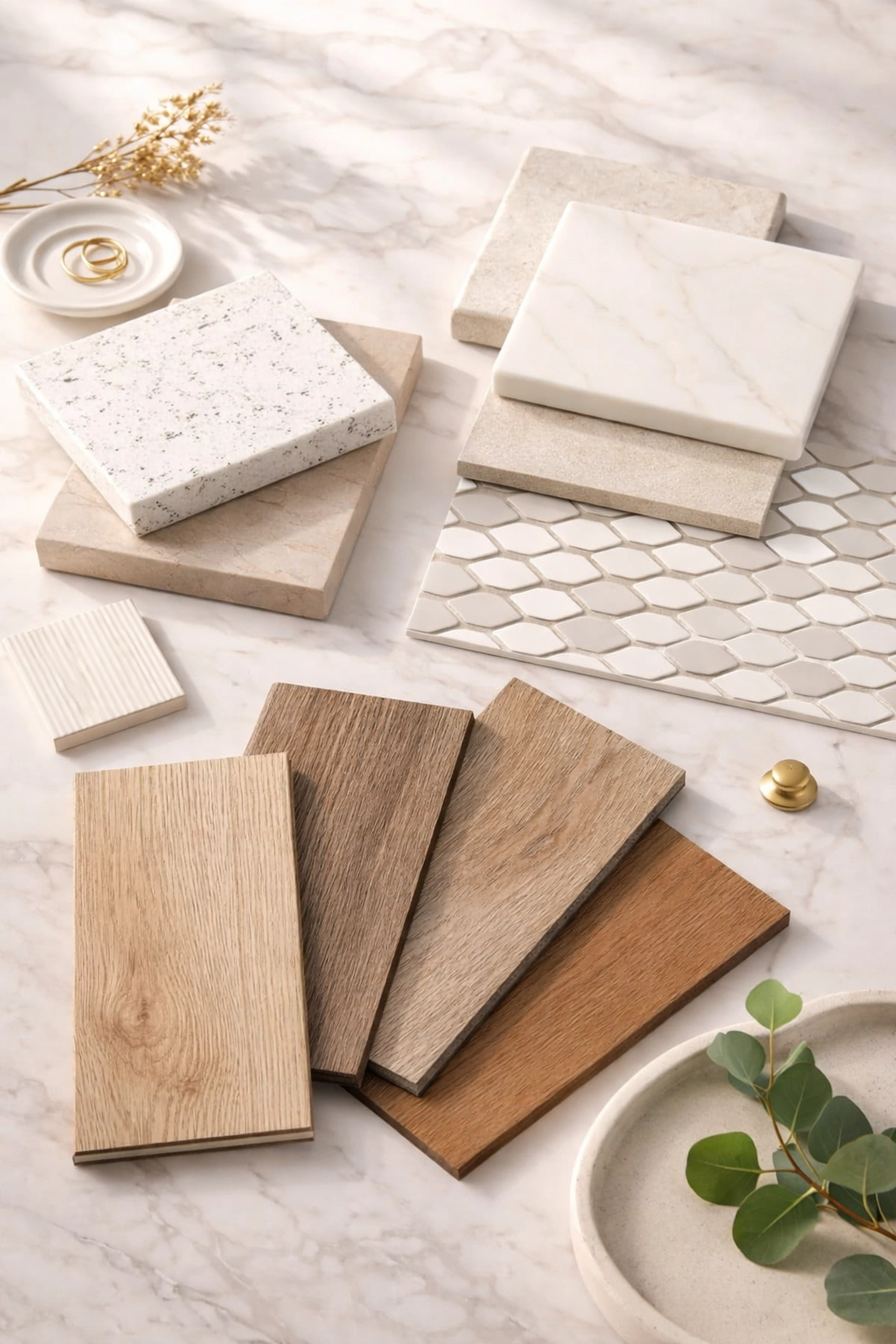 Moisture-resistant kitchen materials for Orlando homes, including quartz countertops, tile, and LVP flooring.