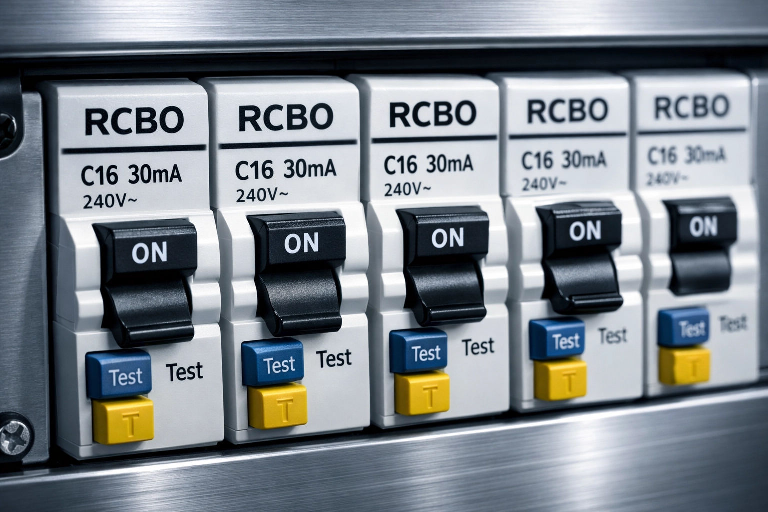 Modern RCBO switches in a new consumer unit ensuring electrical safety for residential properties in Poole.