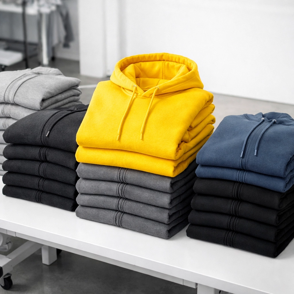 Stacks of colorful custom hoodies showcasing bulk screen printing orders for fitness gym businesses.