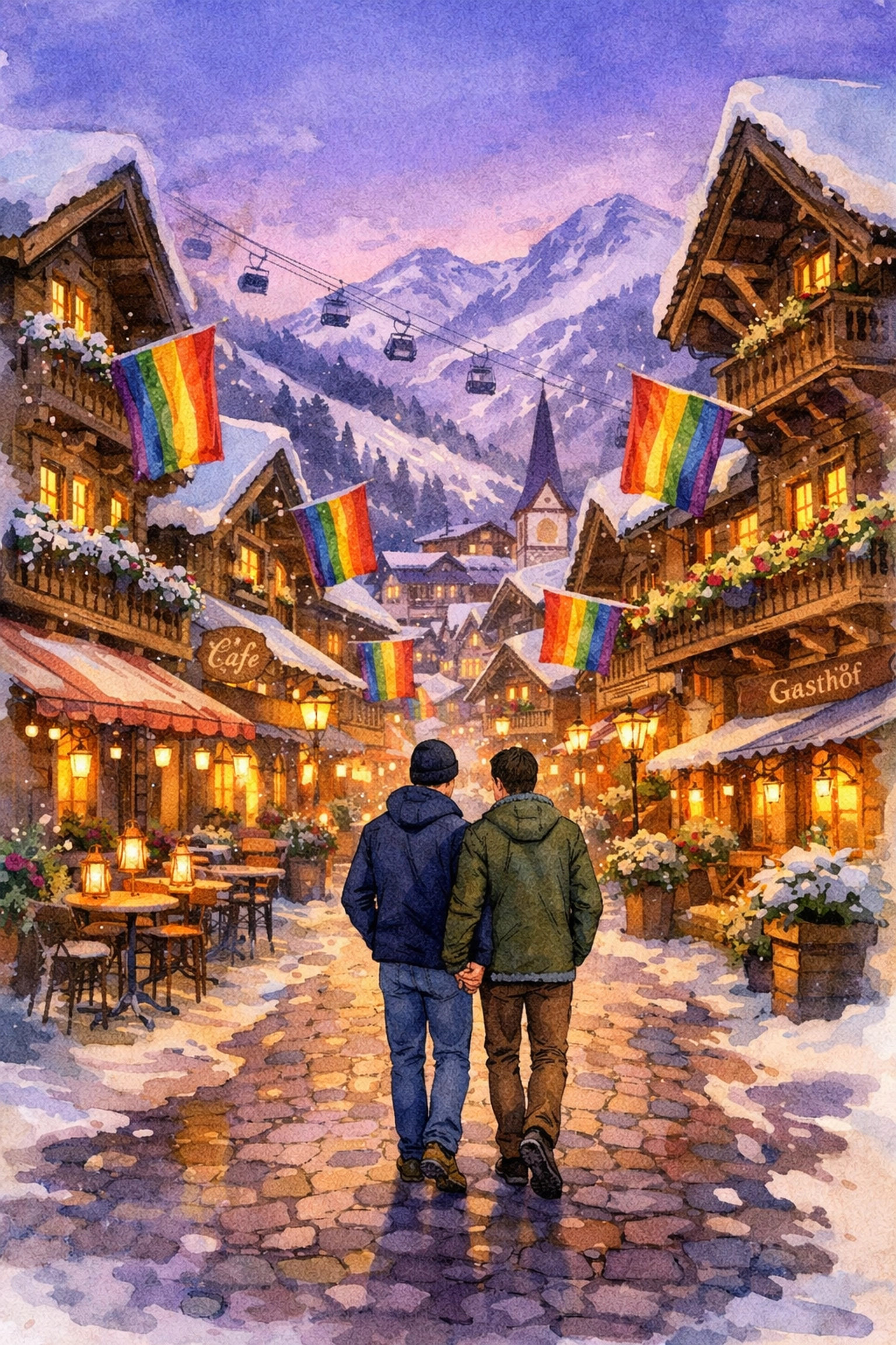 Gay couple walking hand-in-hand through rainbow-flagged European ski village at dusk