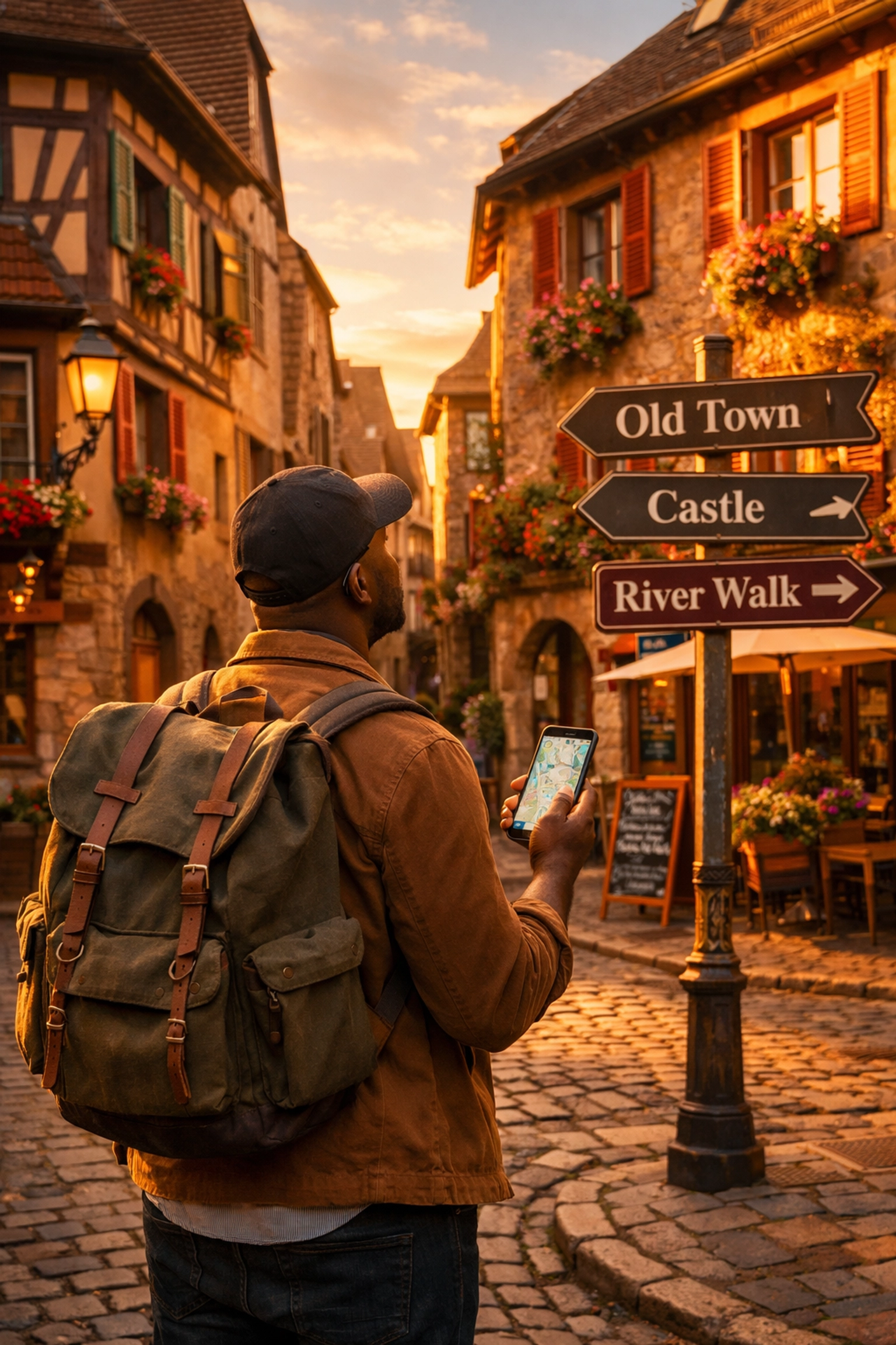 Traveler using smartphone to navigate European destination while exploring cobblestone streets