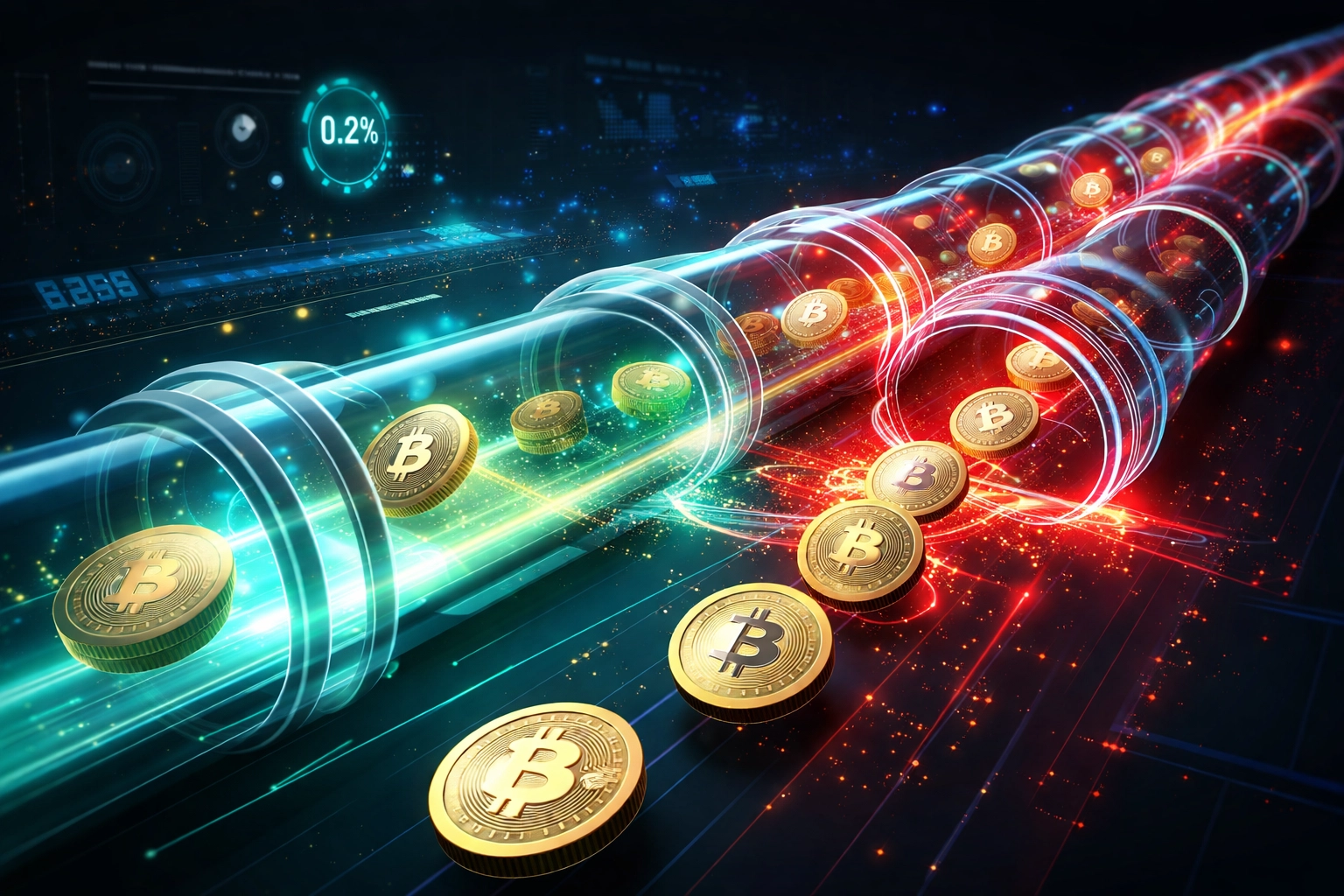 Cryptocurrency coins move efficiently through a digital stream, highlighting Larecoin's low-fee Web3 payment system.