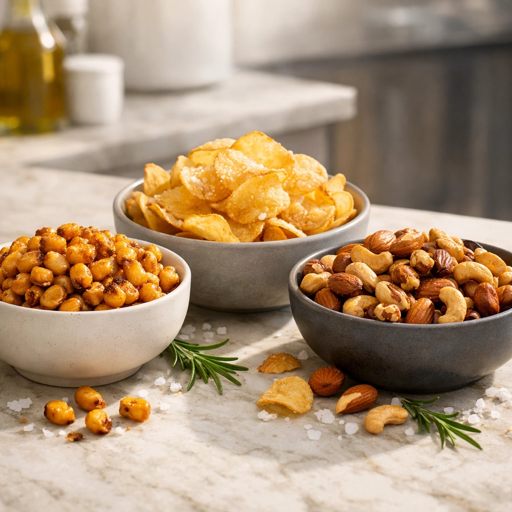 Premium plant-based snacks and protein-rich nuts in ceramic bowls, highlighting modern food and beverage industry trends.
