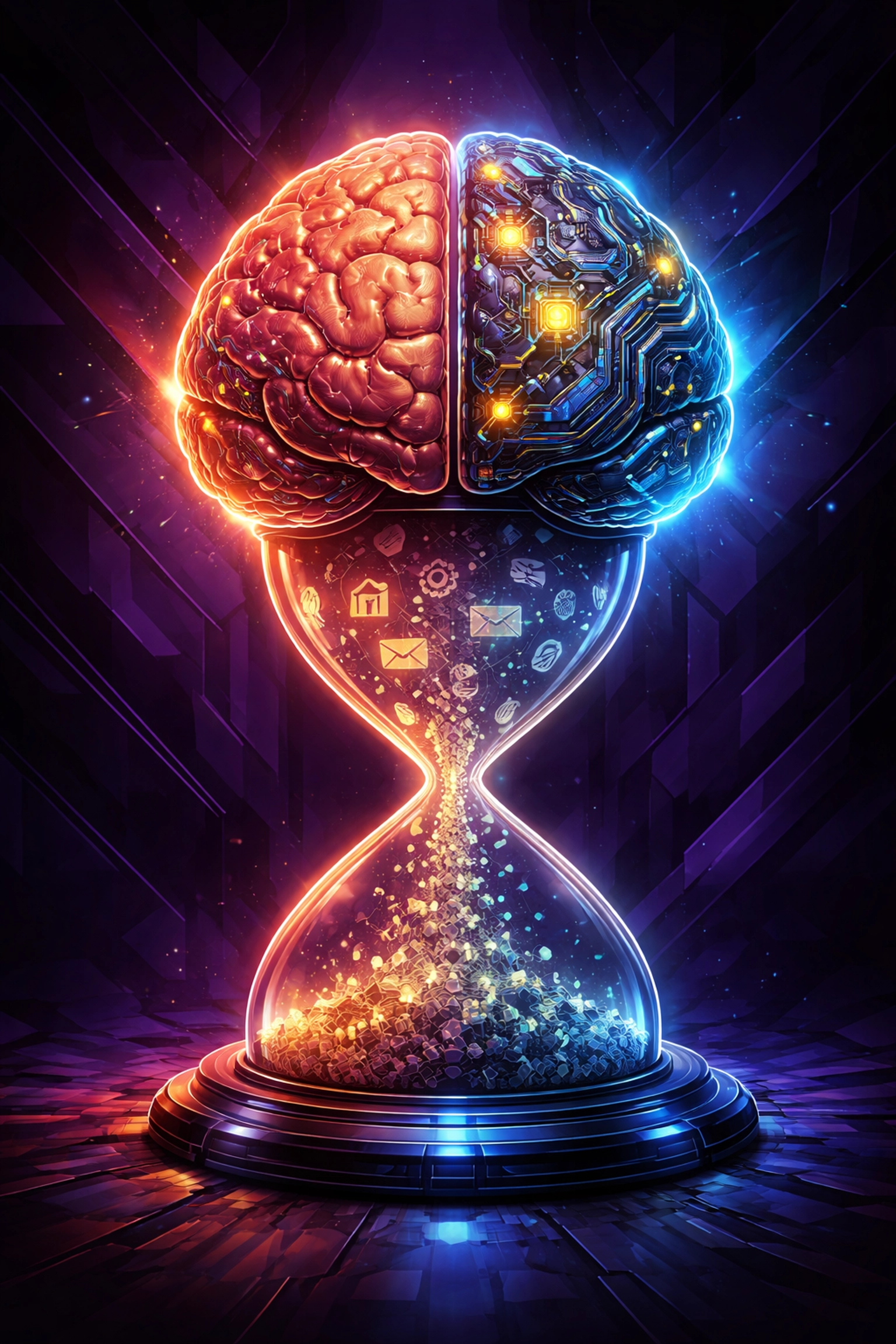 Split brain above an hourglass symbolizing how fast AI skills are replacing traditional expertise in business