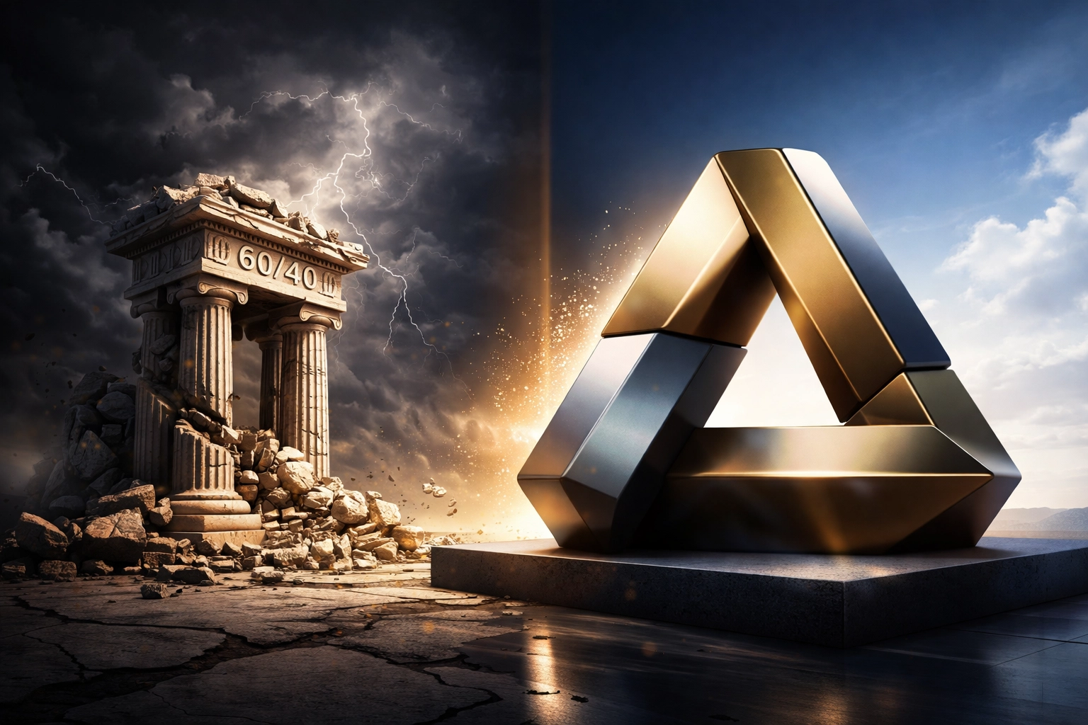 Visual contrast between outdated 60/40 investing strategy and modern 40/30/30 portfolio model, highlighting diversification benefits.