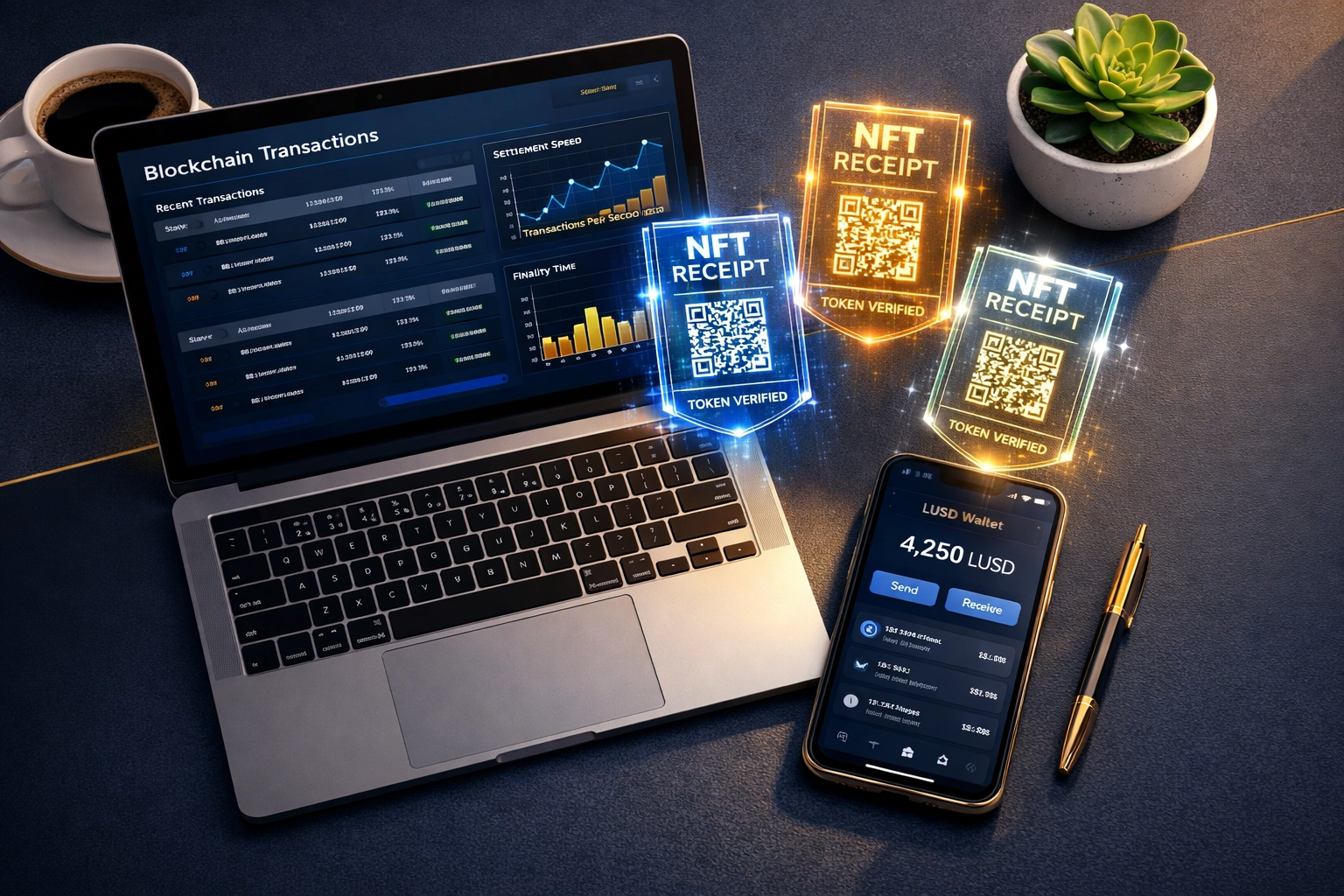 Blockchain payment dashboard displaying LUSD stablecoin wallet and NFT receipt tokens