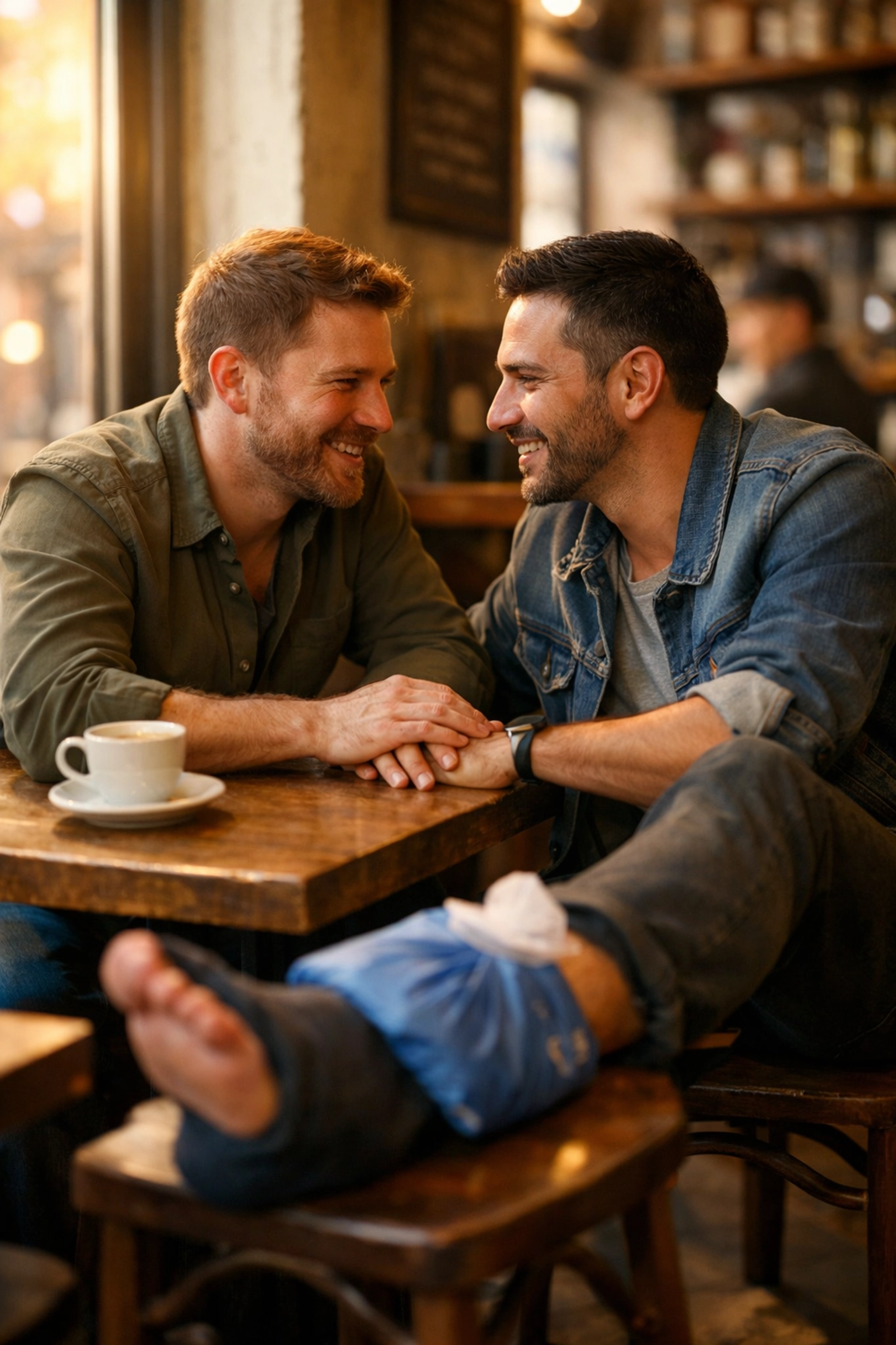 Two men connecting over coffee in Brooklyn café - gay romance first date scene