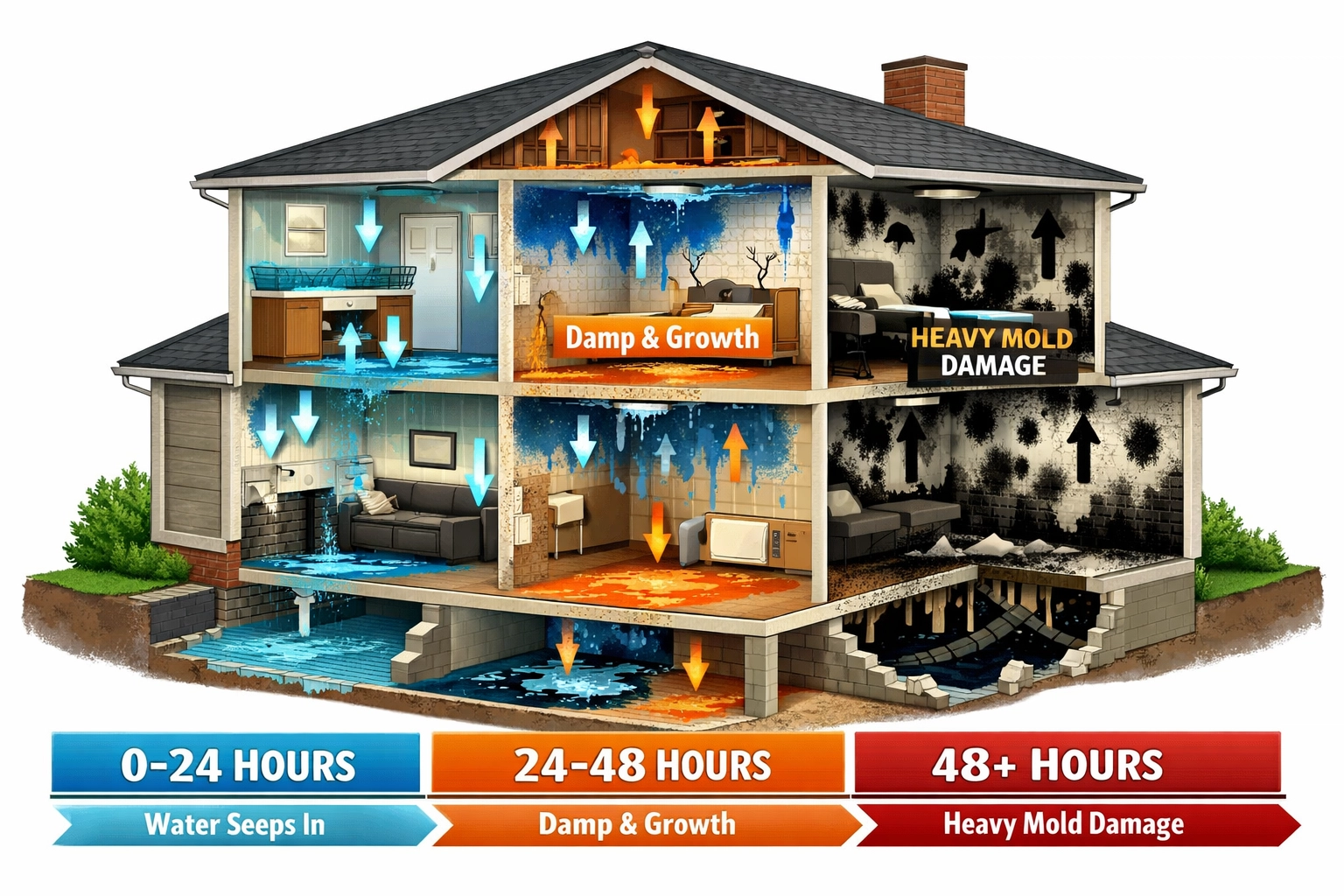 Timeline showing emergency water damage progression and mold growth in home