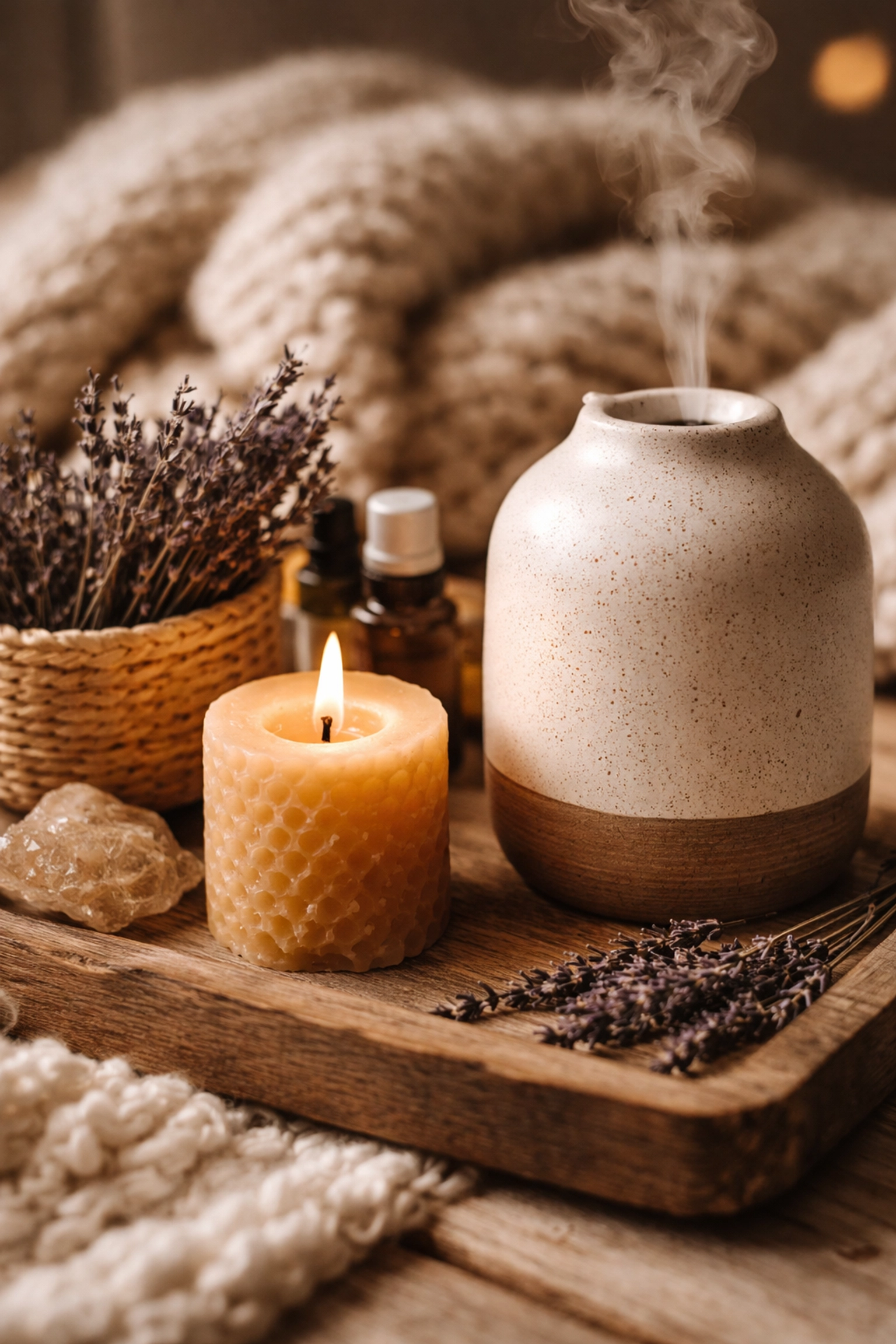 Close-up of handcrafted wellness accessories including a beeswax candle, essential oil diffuser, and woven basket for a calming corner