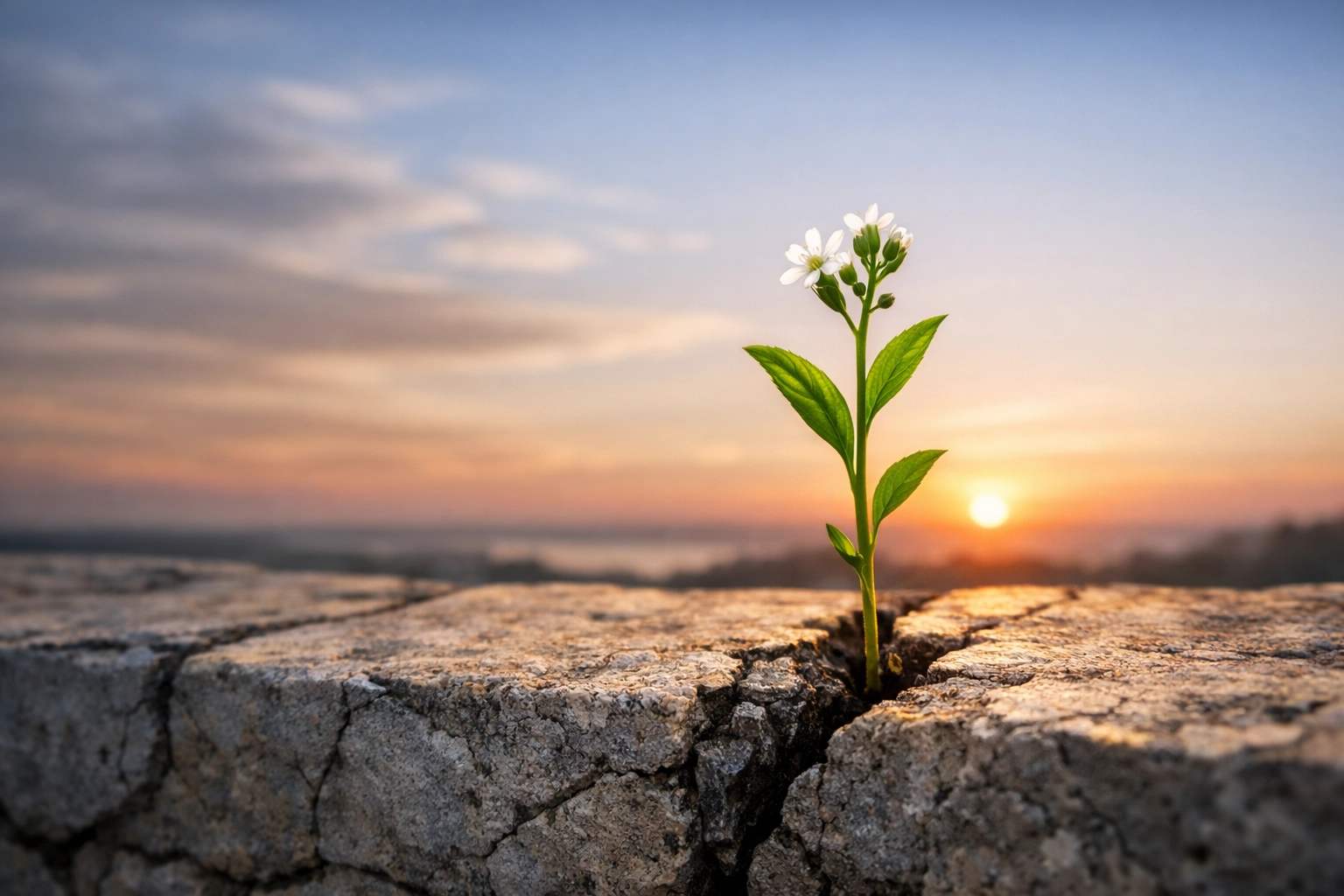 A resilient wildflower growing from a cracked wall at dawn, symbolizing hope amidst global instability.