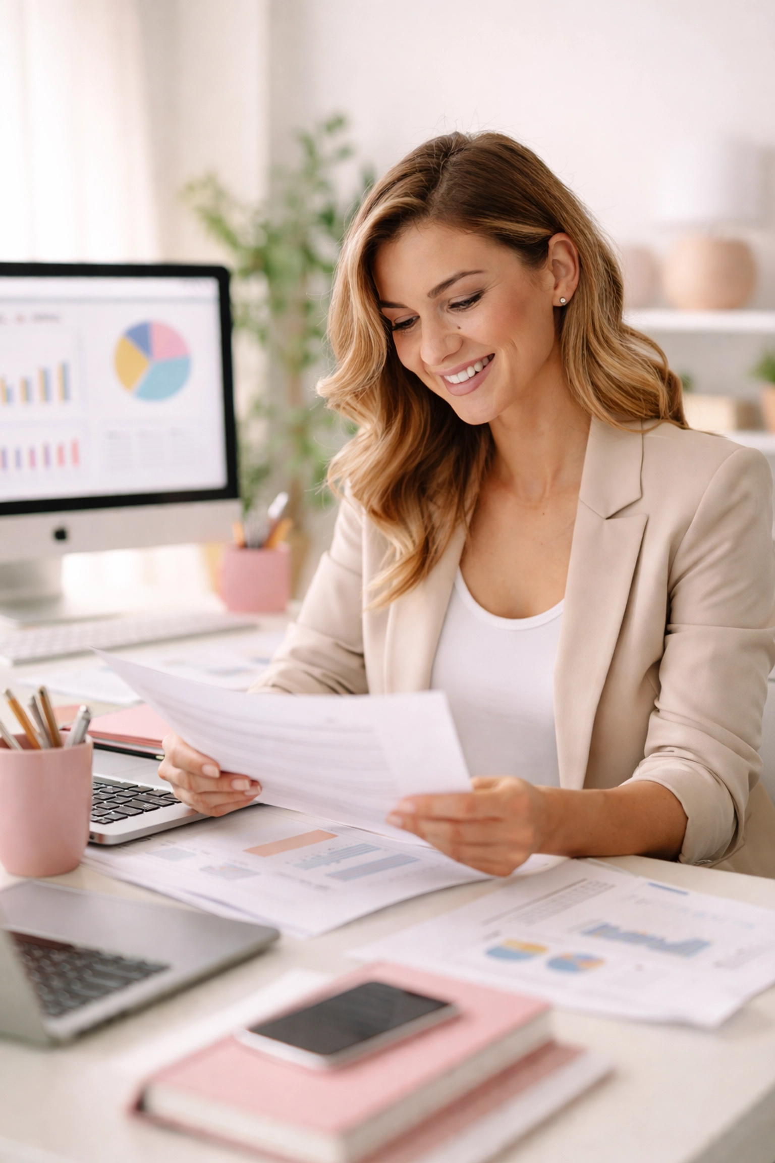 Small business owner smiling at a desk while reviewing financial documents, highlighting stress-free bookkeeping support.