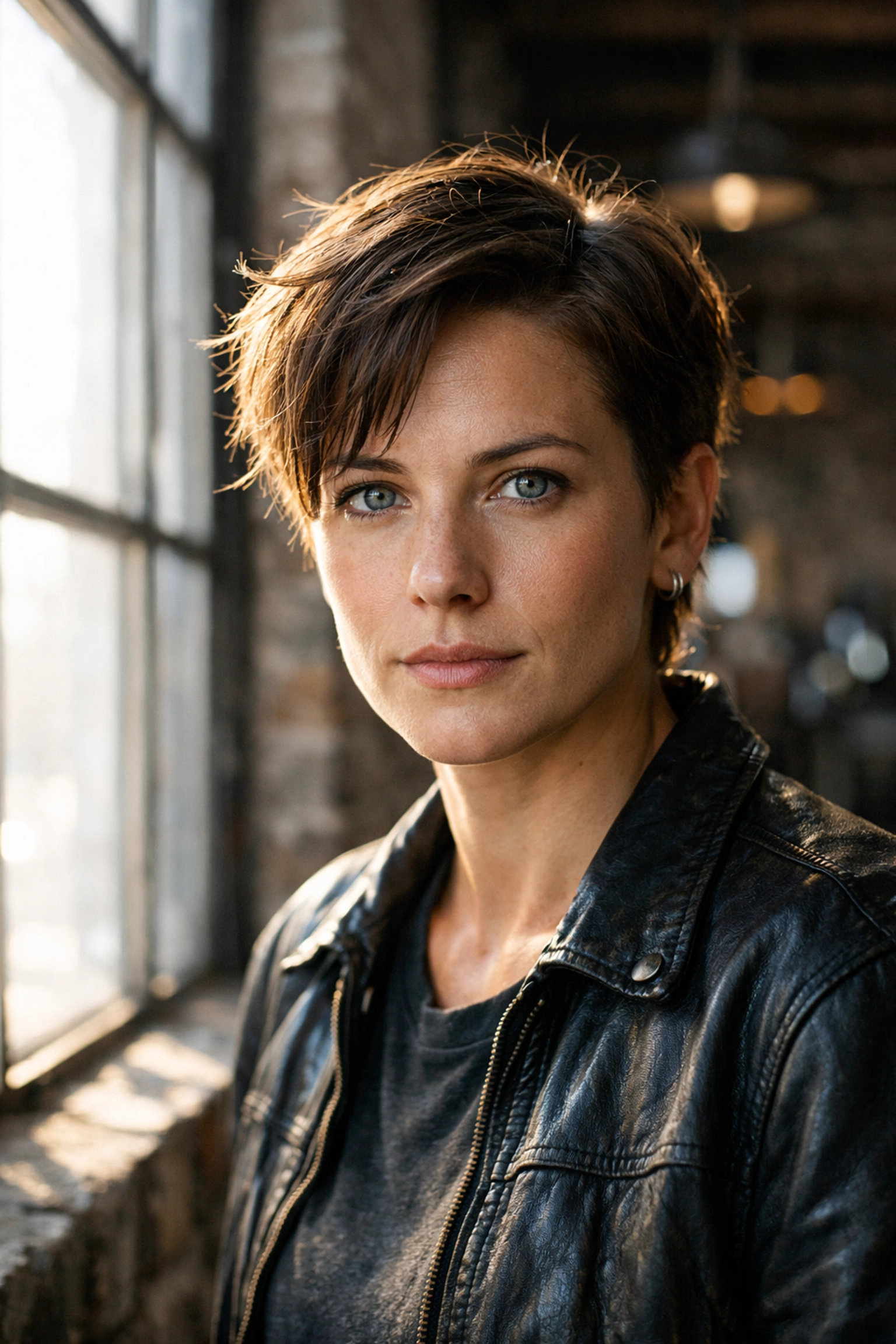 Portrait photography showing perfect exposure on a subject's face next to a bright window in an industrial loft.
