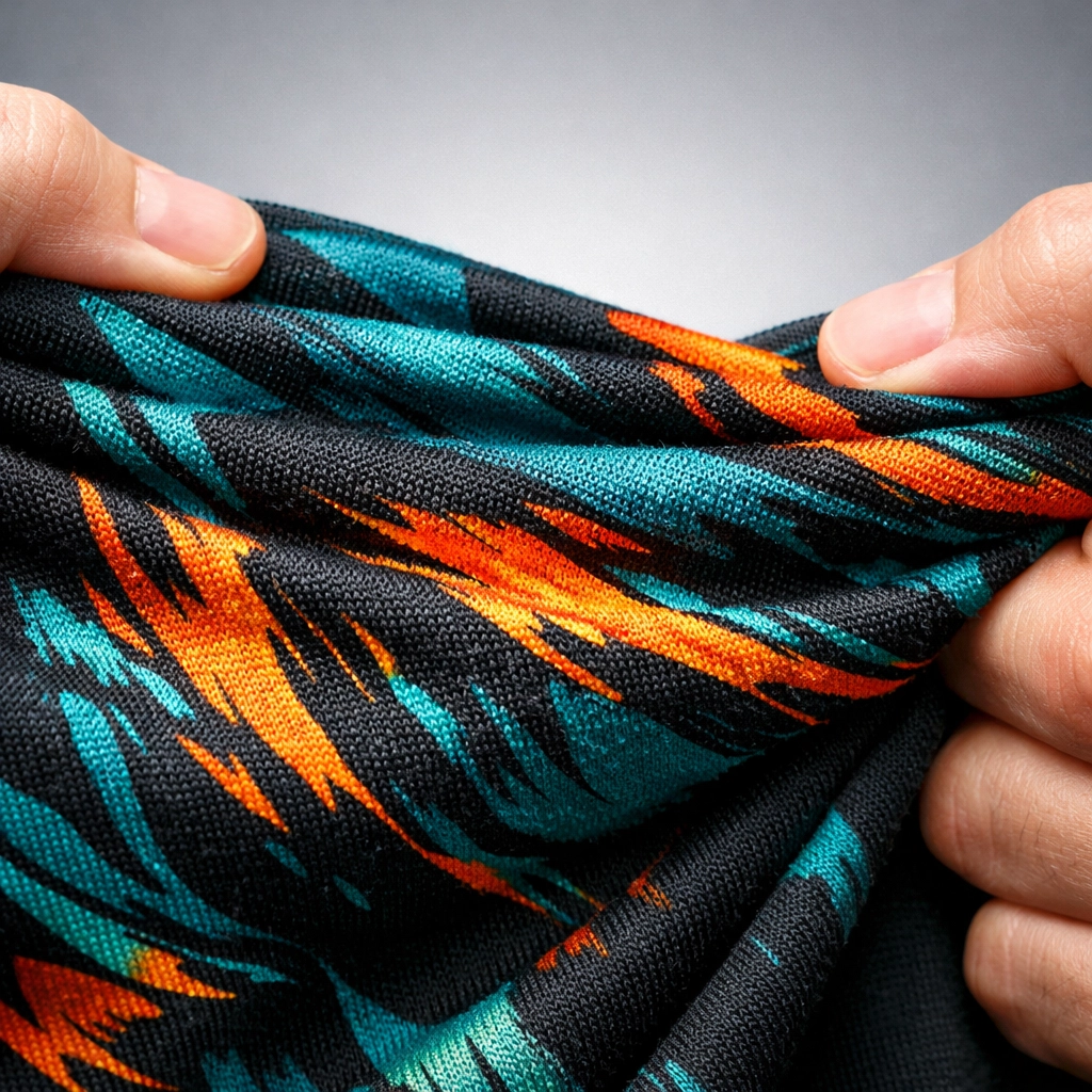 Detail of a stretch-resistant all over print hoodie fabric highlighting the durability of custom sublimation printing.