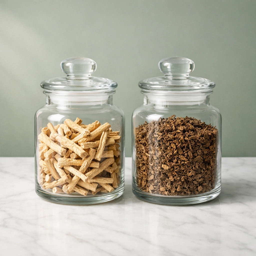 Dried ashwagandha root and valerian root in glass jars side by side for sleep comparison