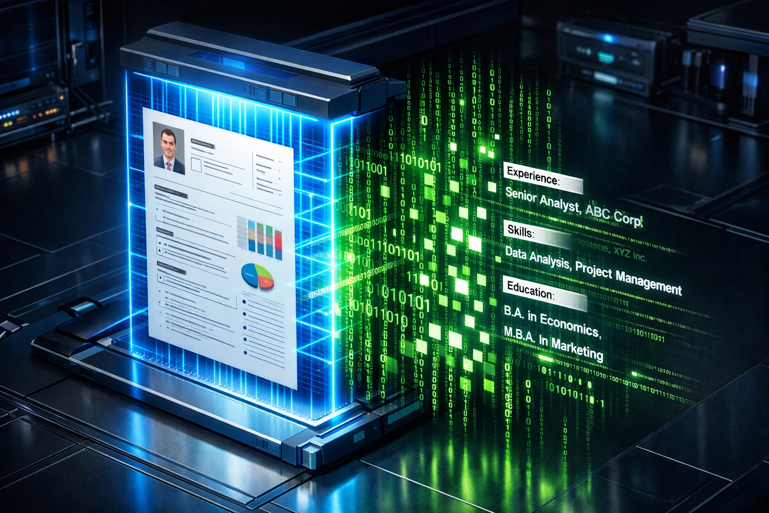 Digital scanner converting a cluttered resume into structured text data for the Taleo ATS parser.