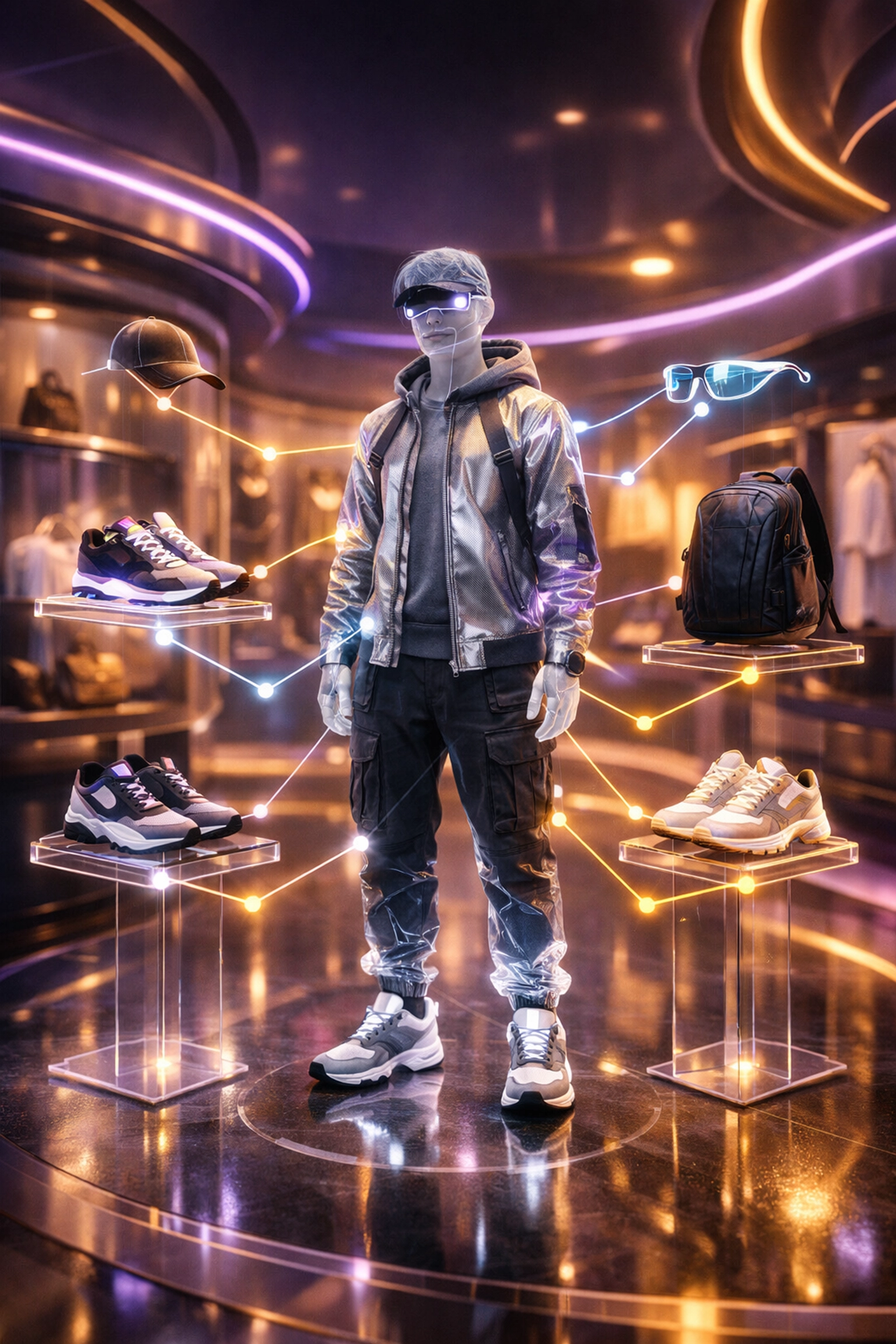 AI-driven metaverse shopping experience showing an avatar interacting with virtual products in a boutique.