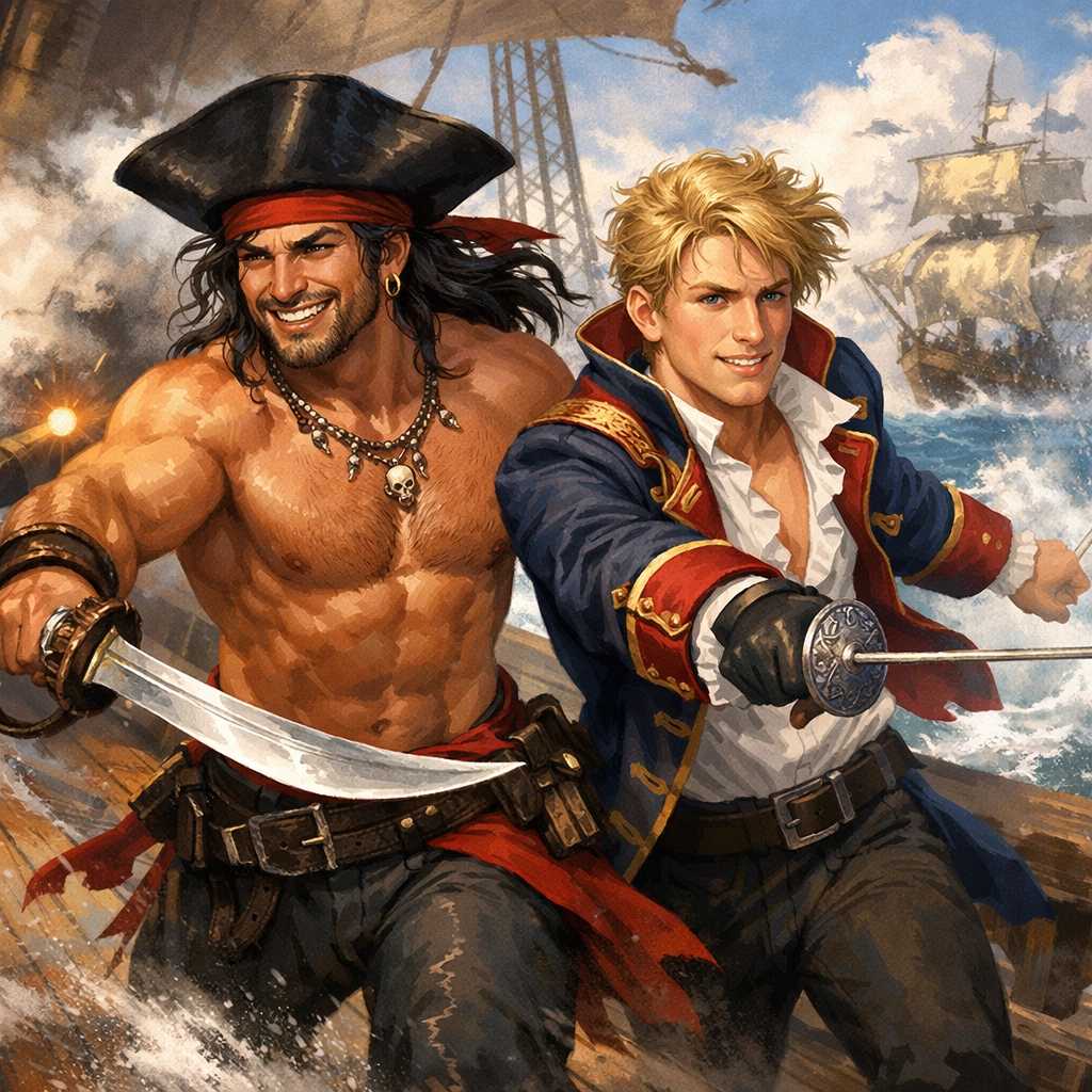 Two men fight together in naval battle scene from pirate MM romance adventure