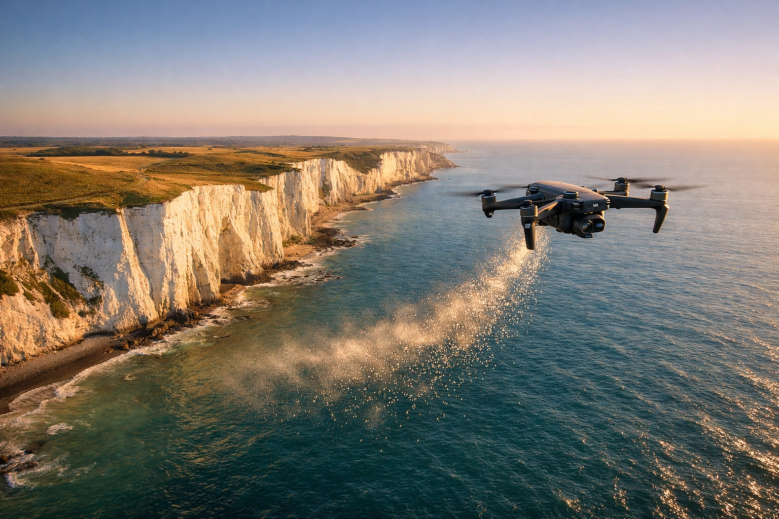 Dignified cremation ashes scattering service using a drone over the sea at the iconic White Cliffs of Dover.