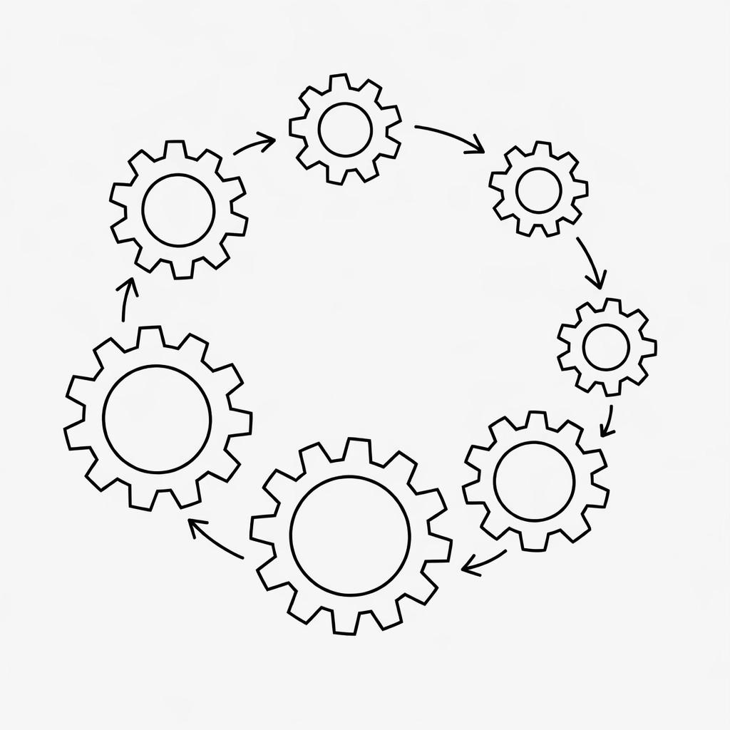 Six interconnected gears representing the Six Working Geniuses phases of team collaboration