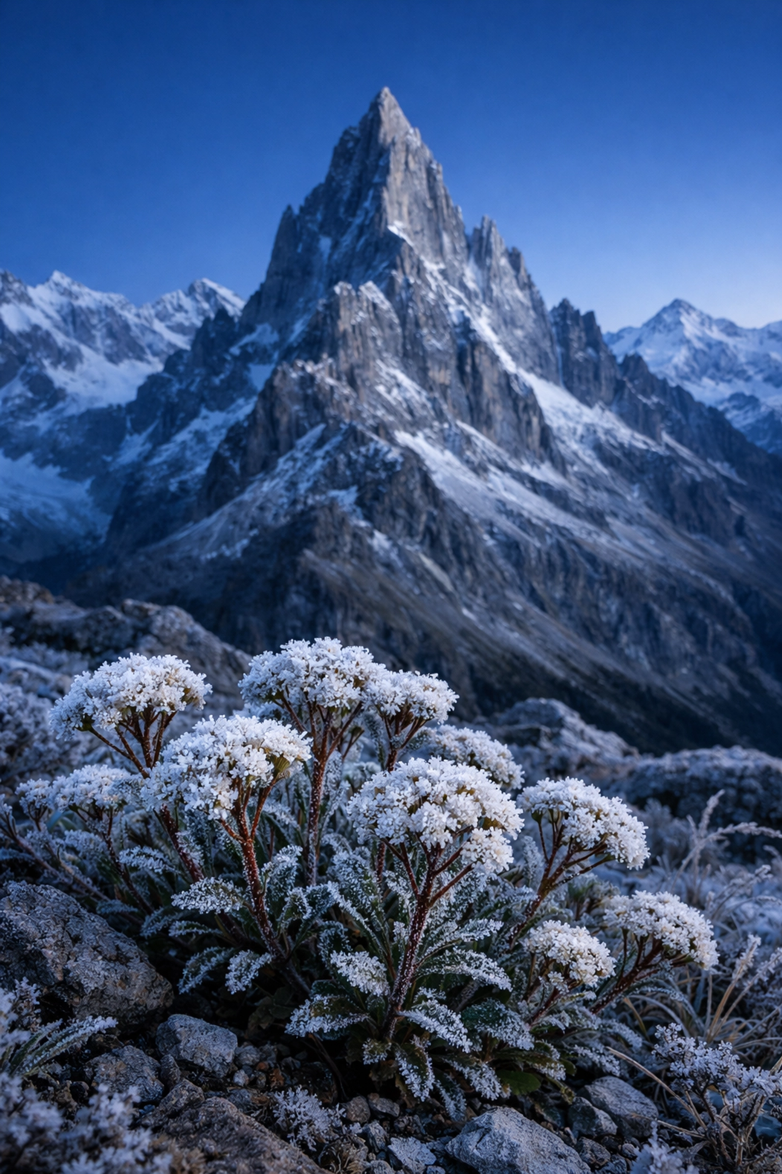 Sharp frost-covered wildflowers and mountains demonstrating landscape photography tips for focus.