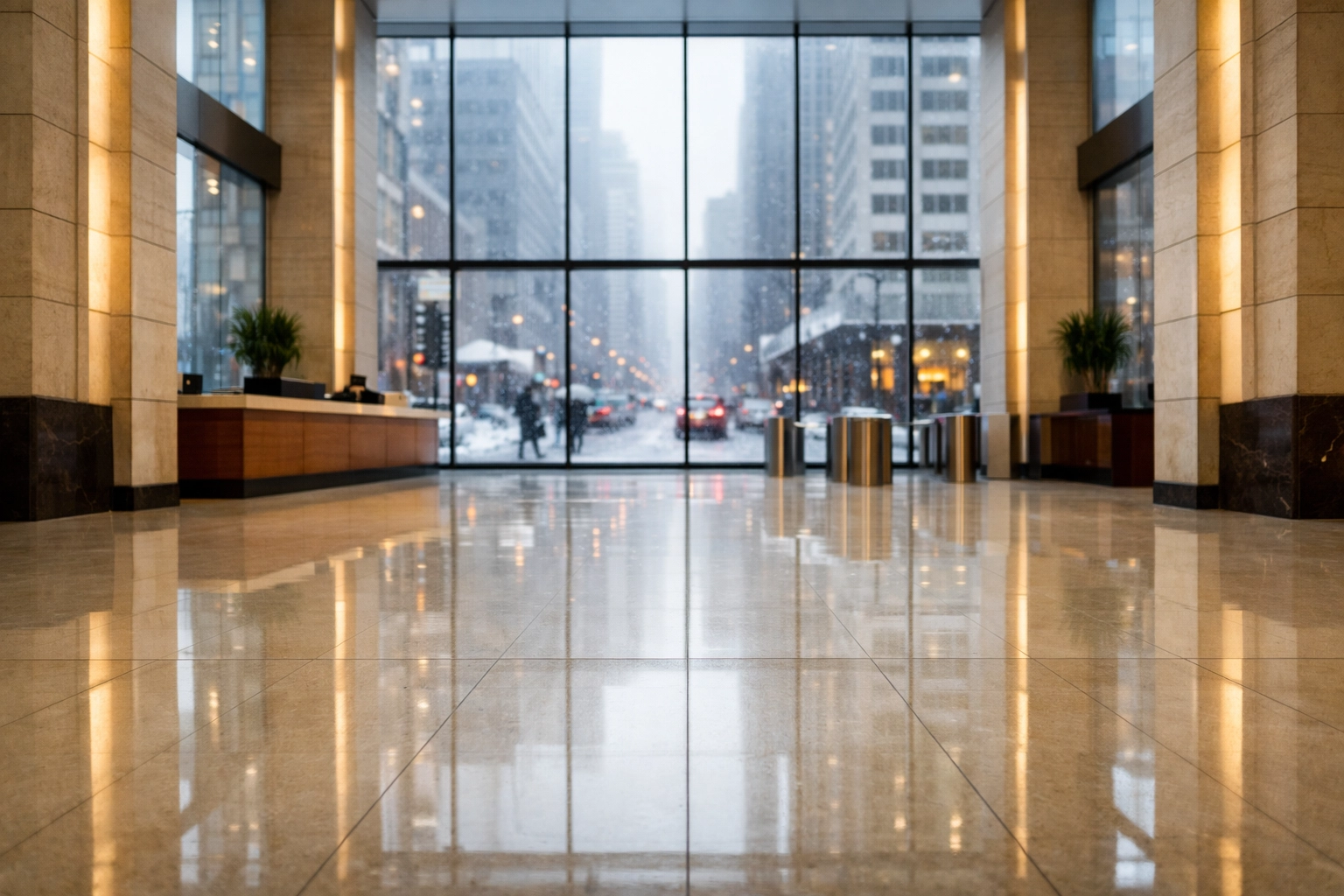 Clean commercial lobby in a Chicago skyscraper with salt-free limestone floors during a Midwest winter.