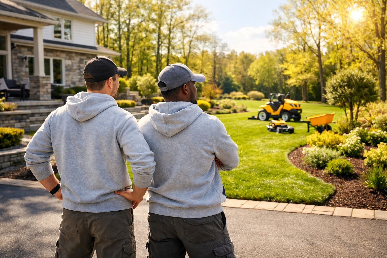 Landscaping crew wearing matching custom hoodies to show professional branding at a residential lawn care site.