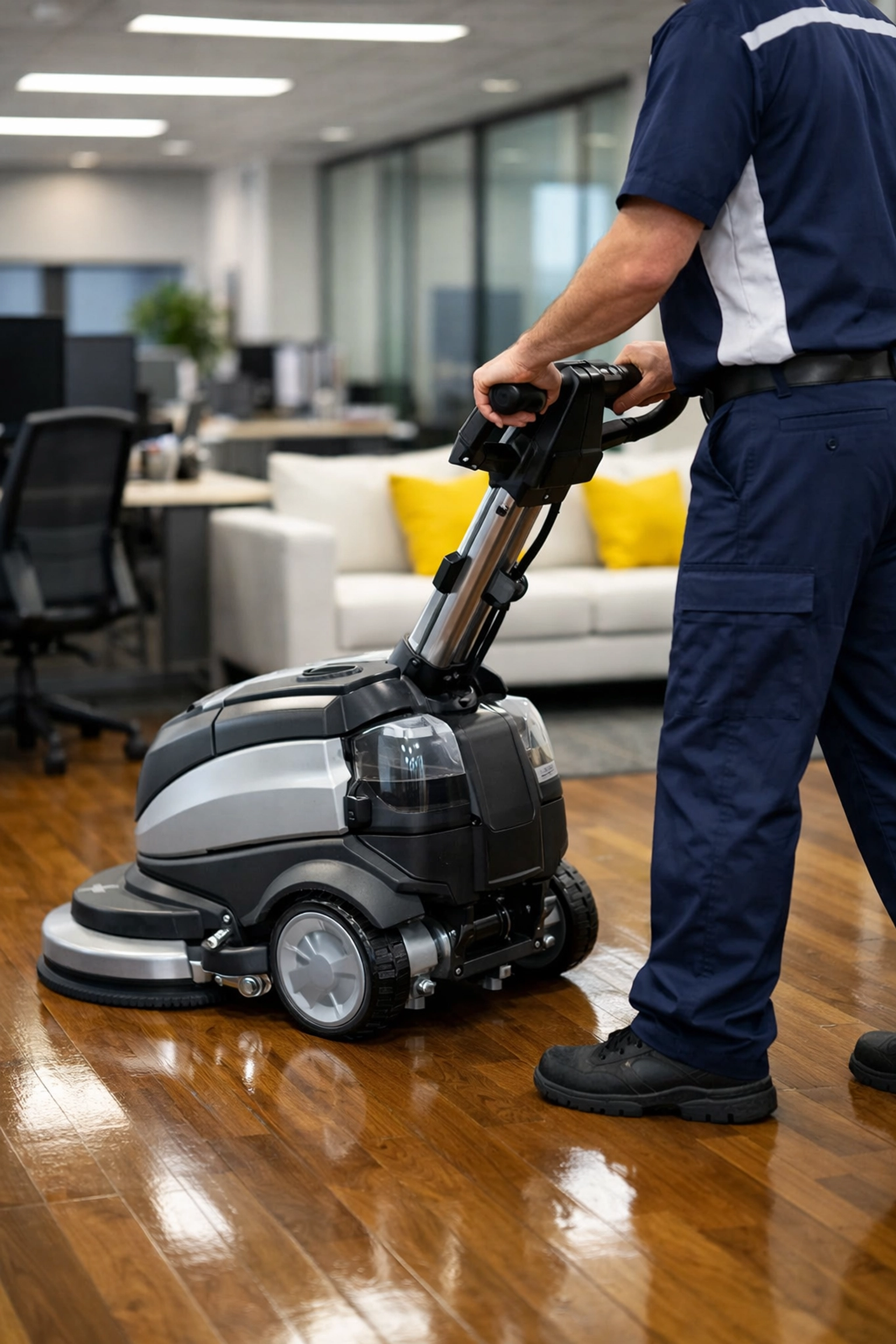 Professional janitorial team using advanced equipment for commercial floor cleaning in a Gloucester office.