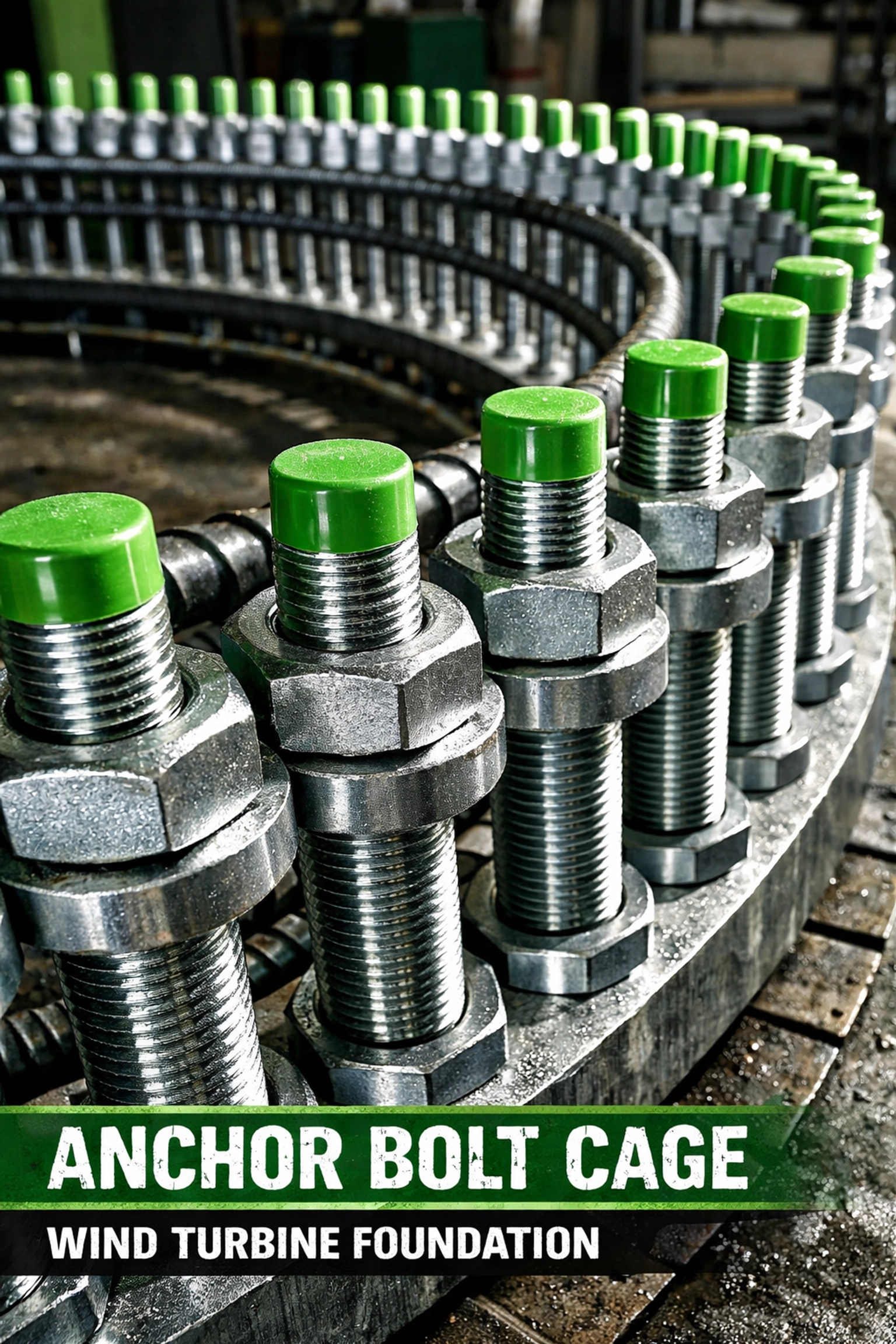 Circular anchor bolt cage assembly with galvanized F1554 bolts for wind turbine foundation