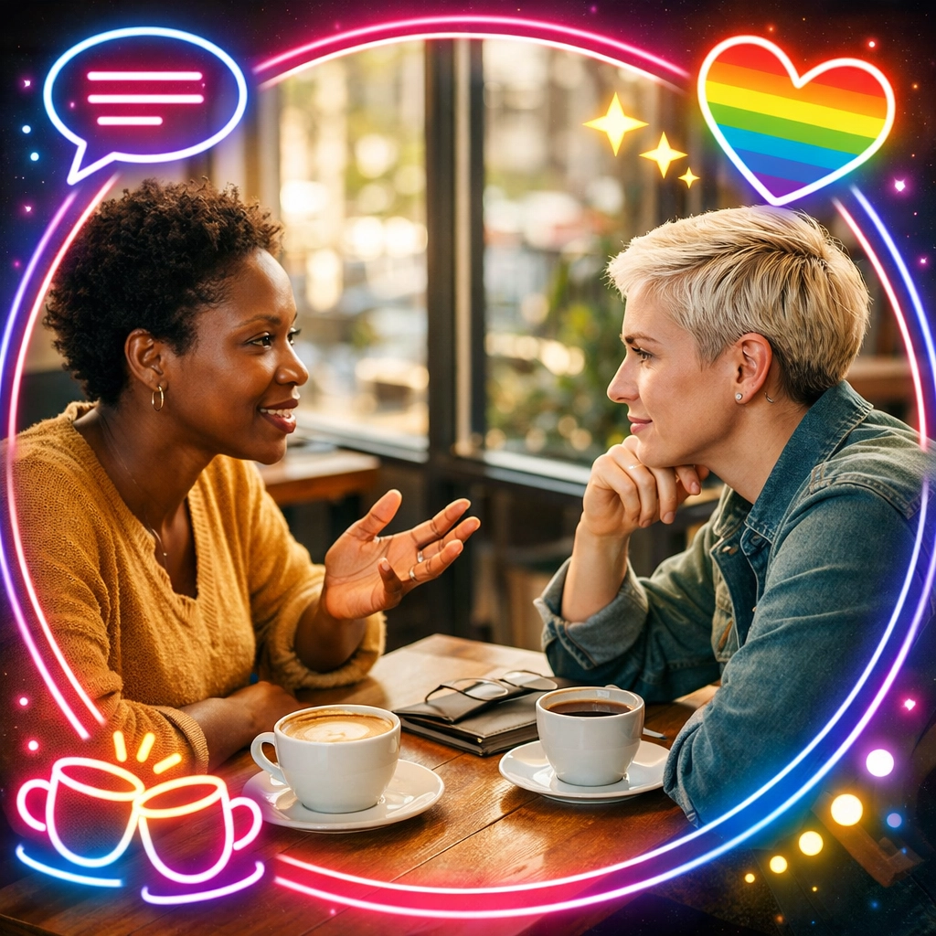 Two people having respectful conversation about trans healthcare over coffee