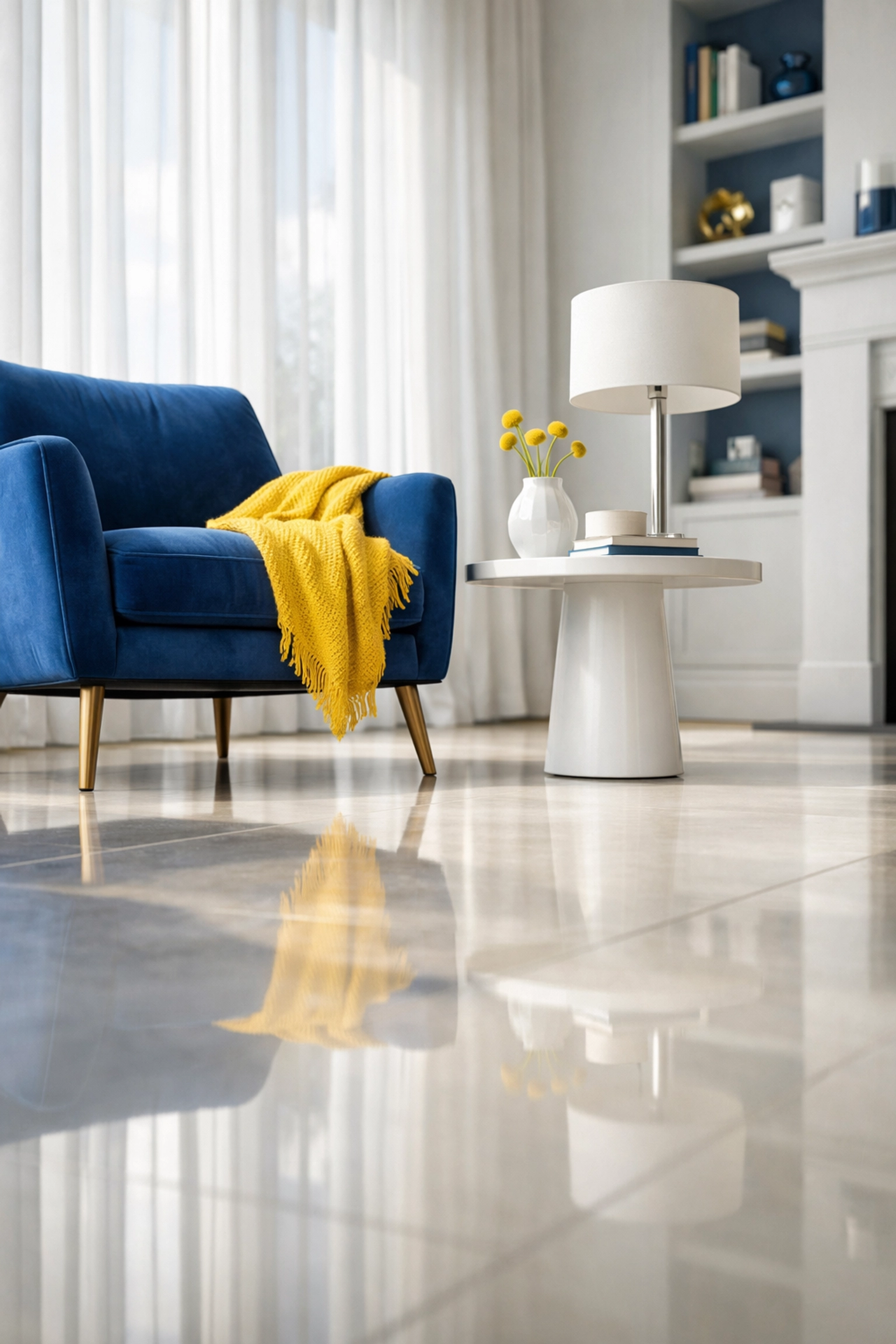 Sunlit, dust-free luxury living room with polished floors from premium house cleaning in Cambridge MA.