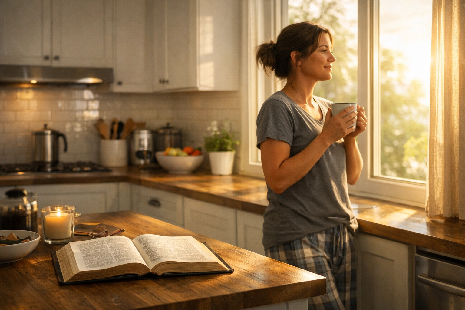 A woman reading a Bible in a sun-drenched kitchen, illustrating living with an eternal perspective.