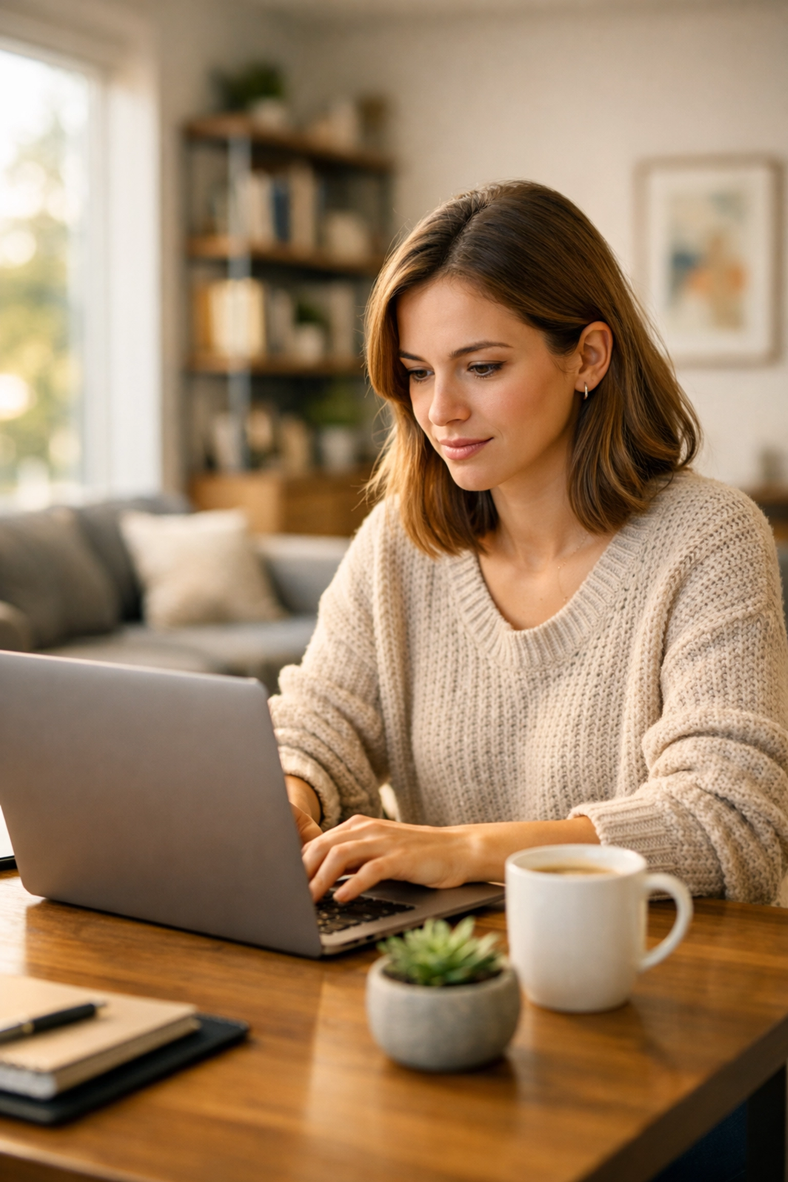A young professional working remotely from a sunlit common area