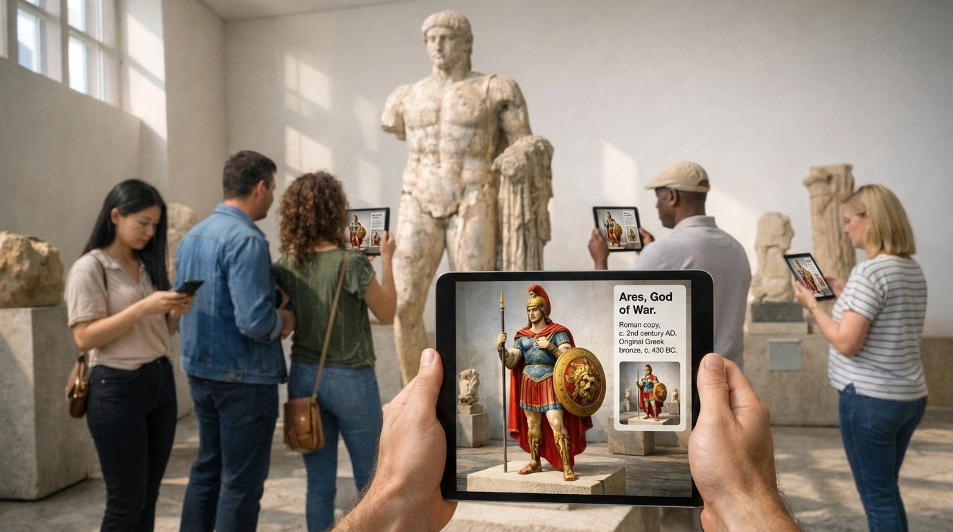 Visitors pointing tablets at sculptures for object recognition augmented reality to explore digital twin exhibits in a museum.
