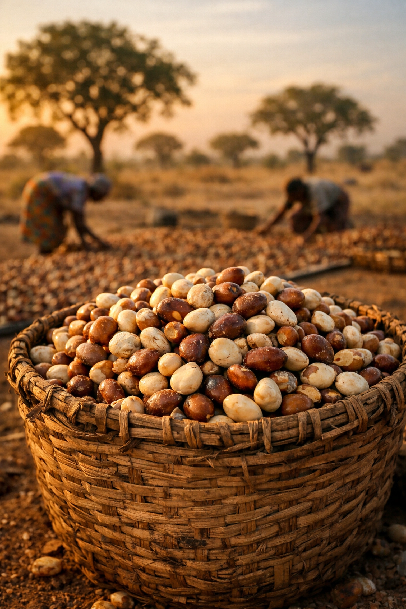 Traditional sun-drying of shea nuts in Nigeria for premium shea butter wholesale from Africa sourcing.