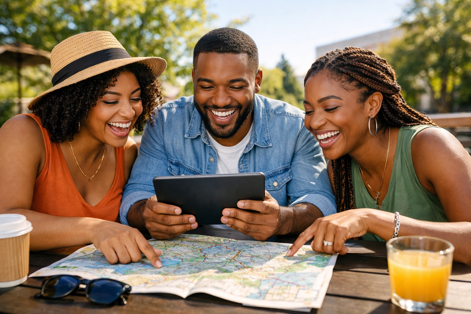 Friends in Omaha planning travel destinations together with a map and tablet on a sunny patio.