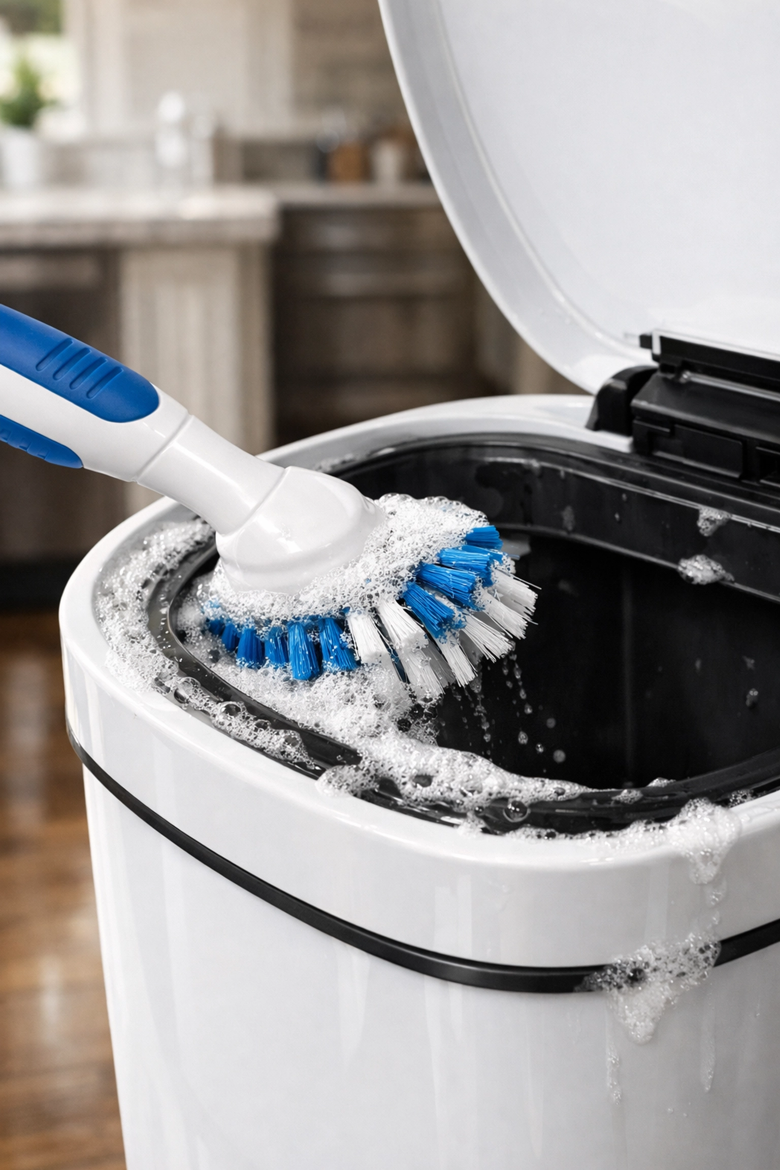 Scrubbing a white kitchen garbage can with a brush and soapy bubbles to remove odors and bacteria.
