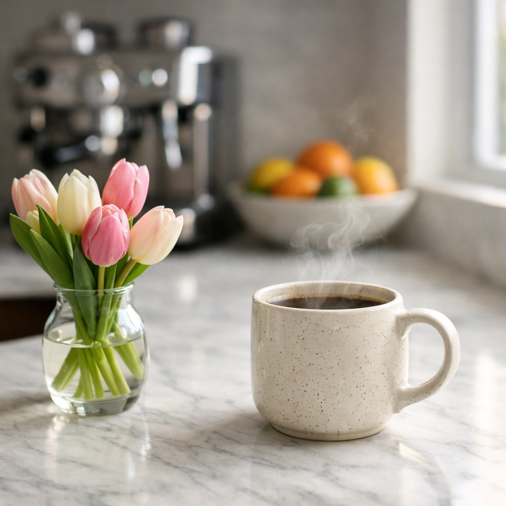 Luxury kitchen amenities in a Vancouver Airbnb featuring marble counters and professional property management.