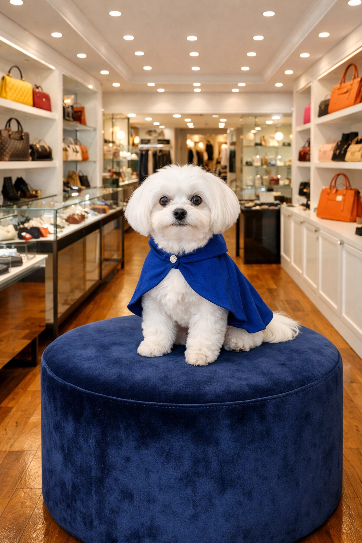 White Maltese dog Daisy in a luxury resale boutique ensuring pawn shop authentication trust.