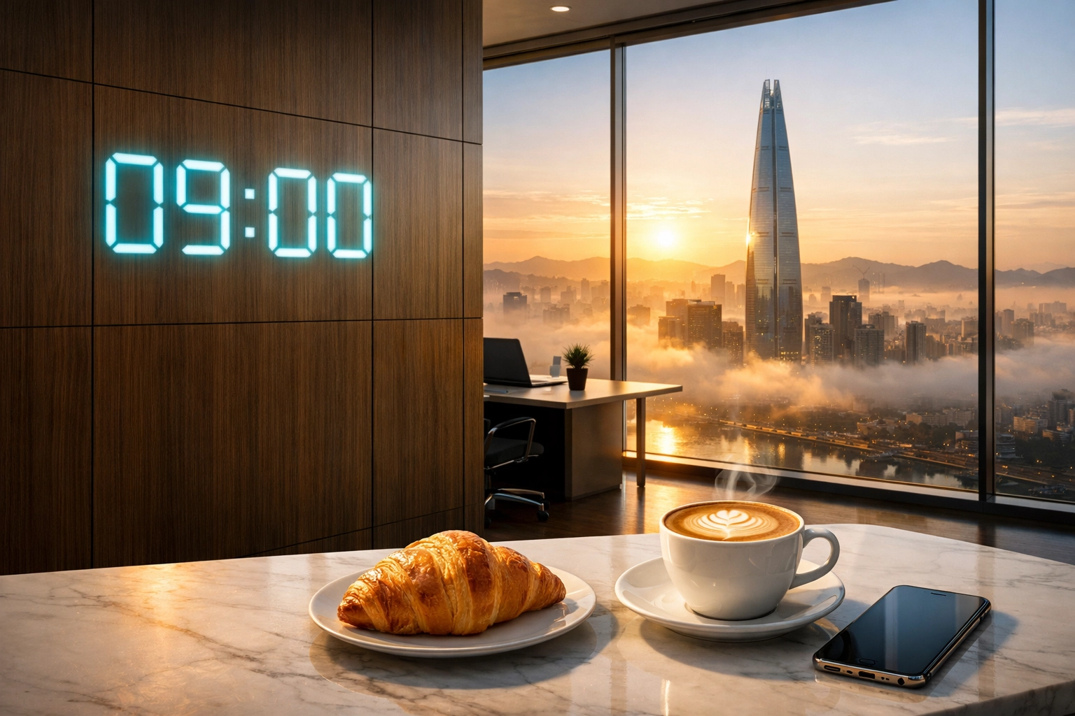 A minimalist office in Seoul at 9:00 AM KST with a view of Lotte World Tower at sunrise.
