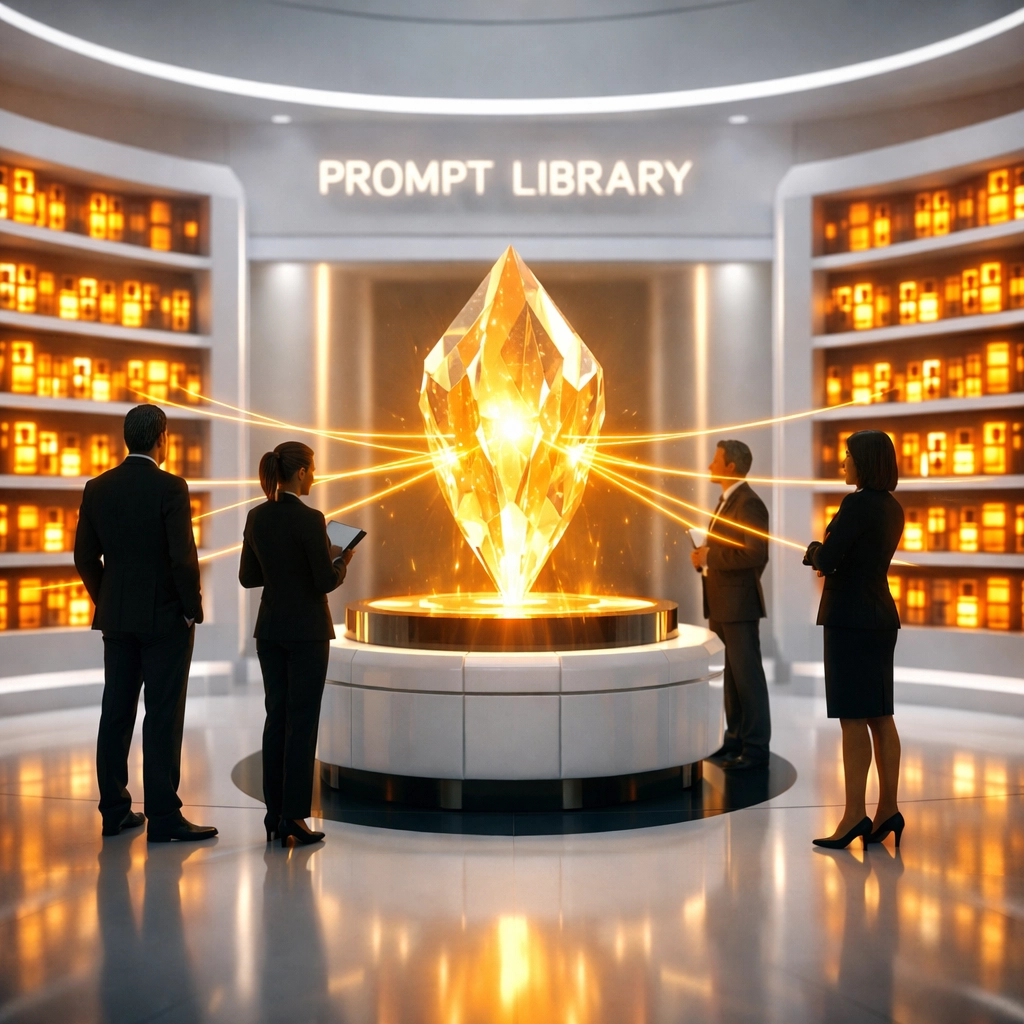 Ein Team nutzt eine moderne Prompt-Bibliothek zum Austausch von Expertenwissen über künstliche Intelligenz.